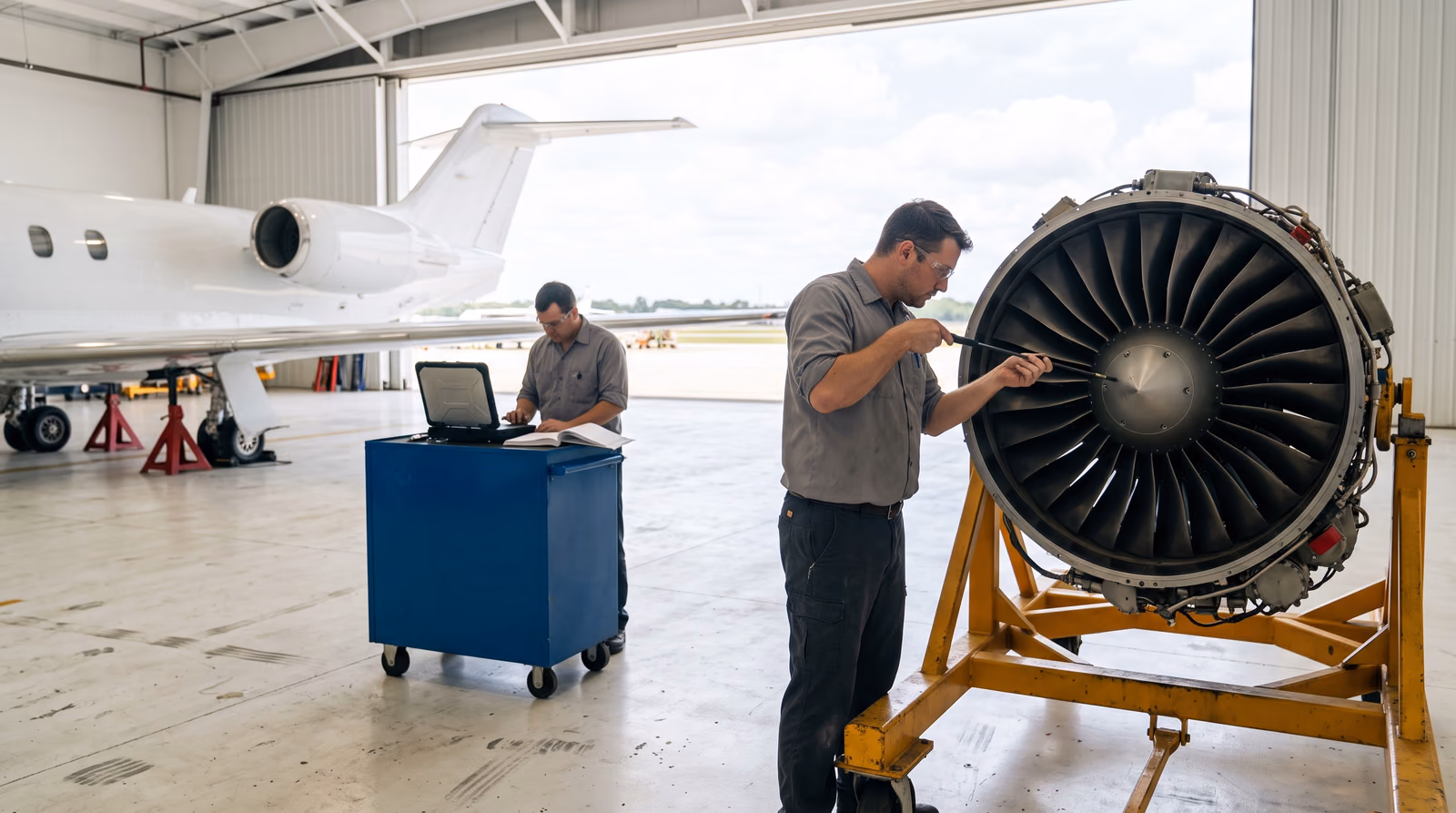 An engine technician in daylight inspecting the exposed fan section of a business jet turbofan on a maintenance stand inside an open hangar
