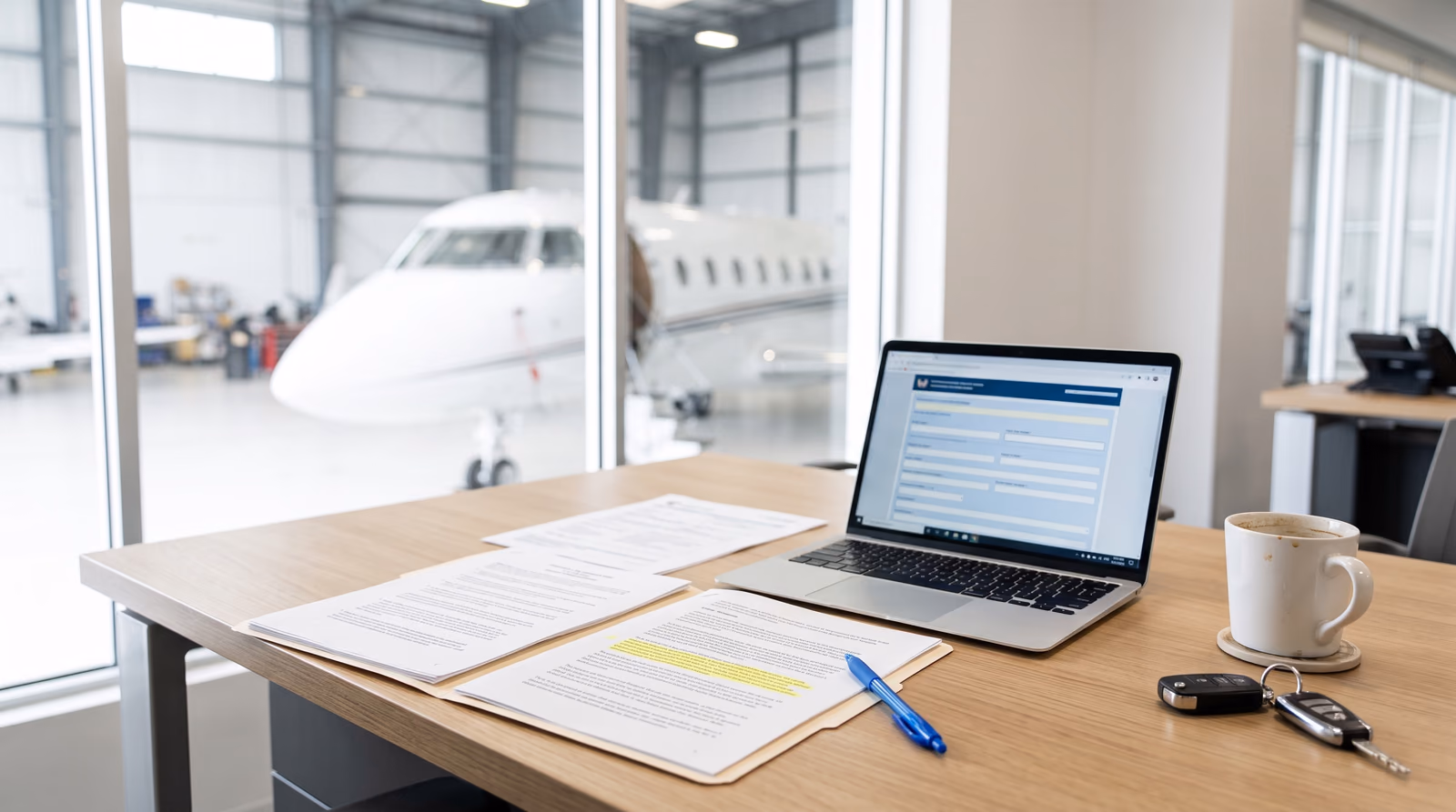 Bright daylight aviation office desk with an open file of printed aircraft title paperwork, one paragraph marked in yellow highlighter, a laptop showing a plain government web form, a ballpoint pen, car keys and a coffee cup, with a business jet parked in the hangar visible softly out of focus through a large window