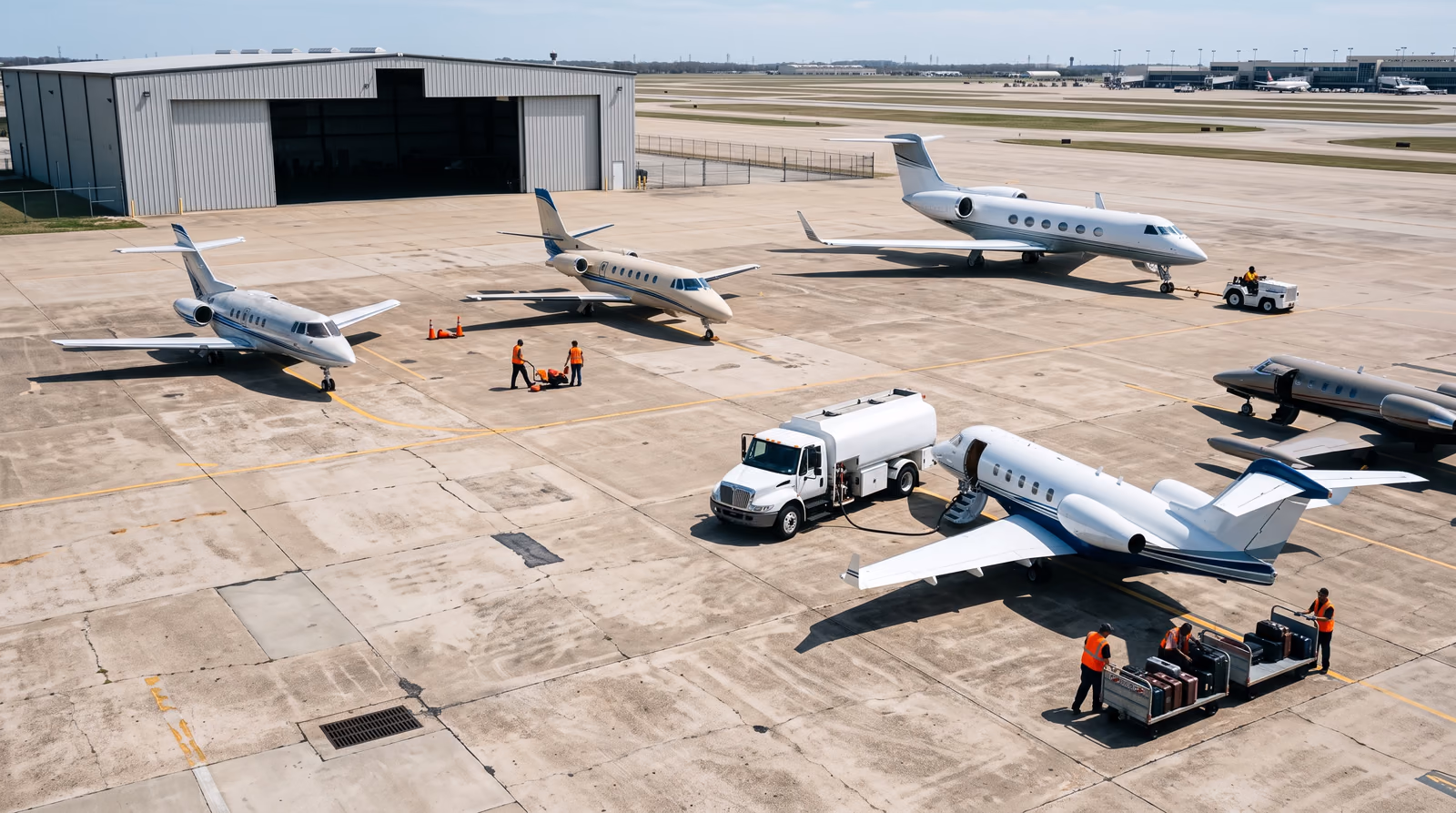 Elevated daylight view of a busy fixed base operator apron, the weathered concrete filling most of the frame with faded yellow parking markings, business jets of different sizes parked at irregular angles, an unmarked refuelling truck connected to one aircraft, a tug towing another and ground crew in high visibility vests loading a baggage cart
