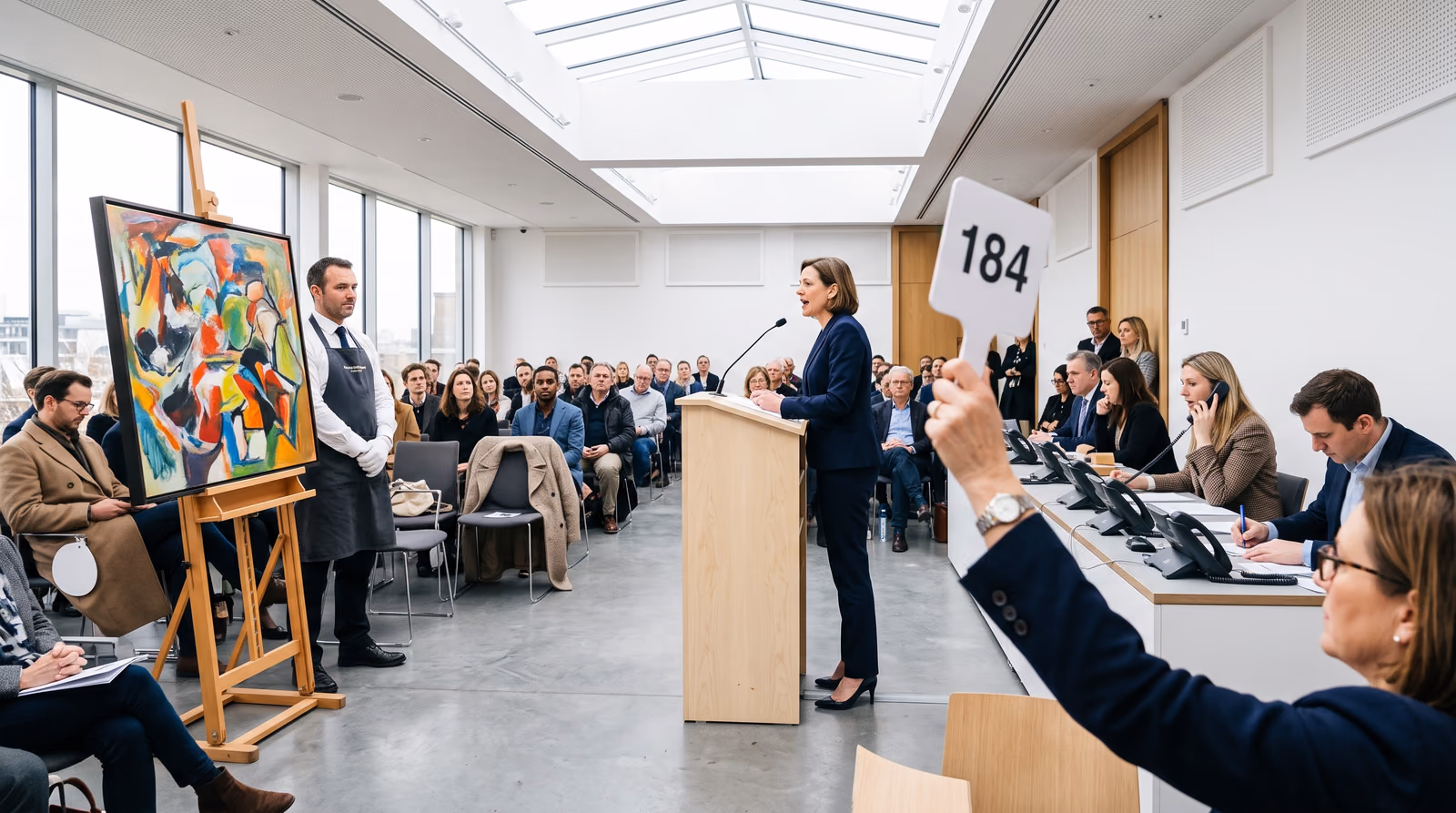 A bidder in the foreground raises a numbered paddle during a live art auction in a bright skylit saleroom, as the auctioneer speaks from a pale wood lectern, an art handler in an apron stands beside an abstract painting on an easel, and staff take telephone bids along the side wall