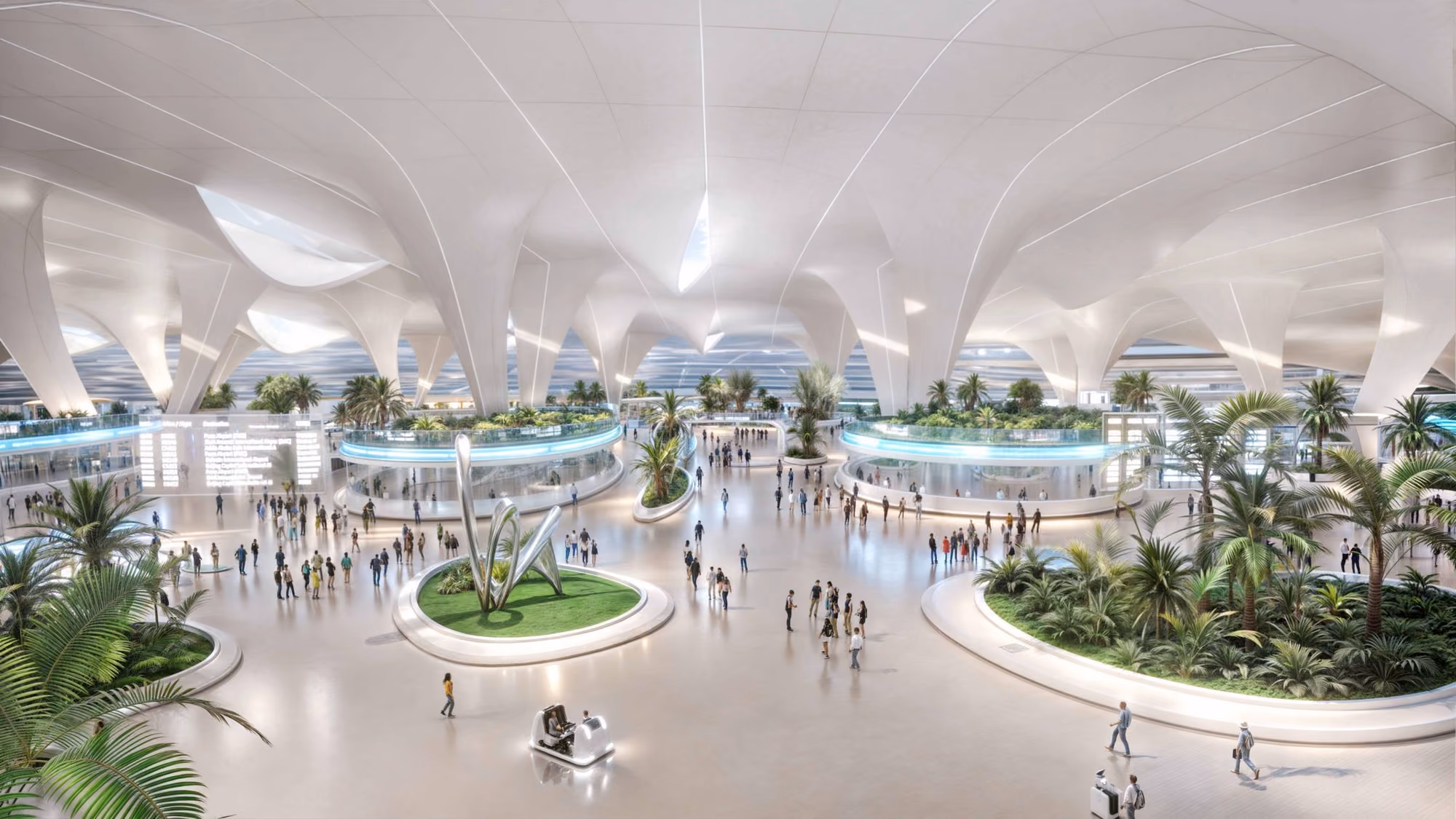 Render of the bright, spacious main concourse at Al Maktoum International, featuring palm trees and a futuristic design.