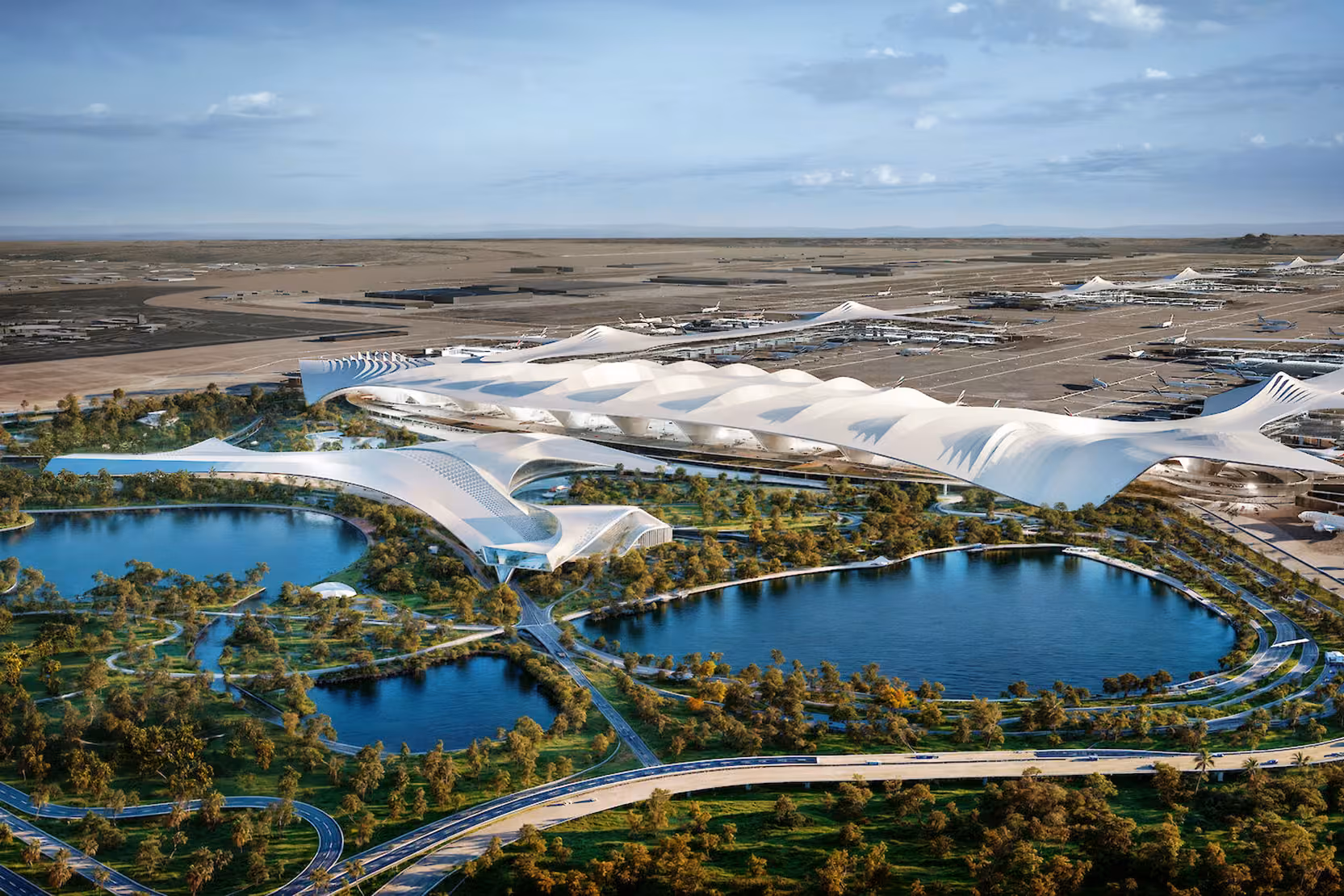 Aerial render of the futuristic Al Maktoum Airport (DWC) showing the white terminal, surrounding lakes, and runways.
