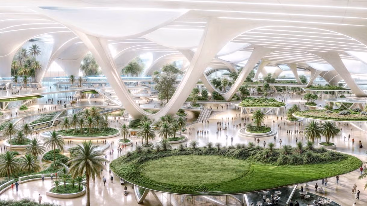 Interior concept of the new Al Maktoum Airport terminal with its soaring white architectural arches and indoor greenery.