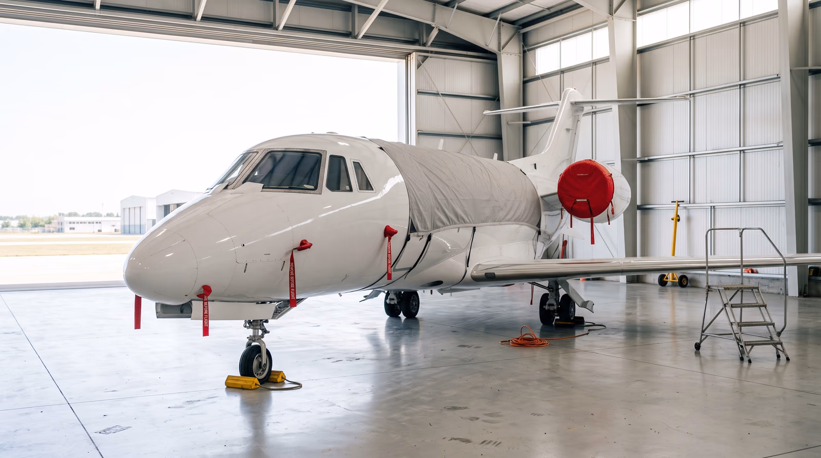 A white business jet stands idle in a bright modern hangar with red engine intake and pitot covers fitted, remove before flight streamers hanging, a fabric cover draped over the fuselage, wheels chocked, and a tow bar, maintenance steps and coiled extension lead on the empty floor beside it, daylight flooding in through the open hangar door