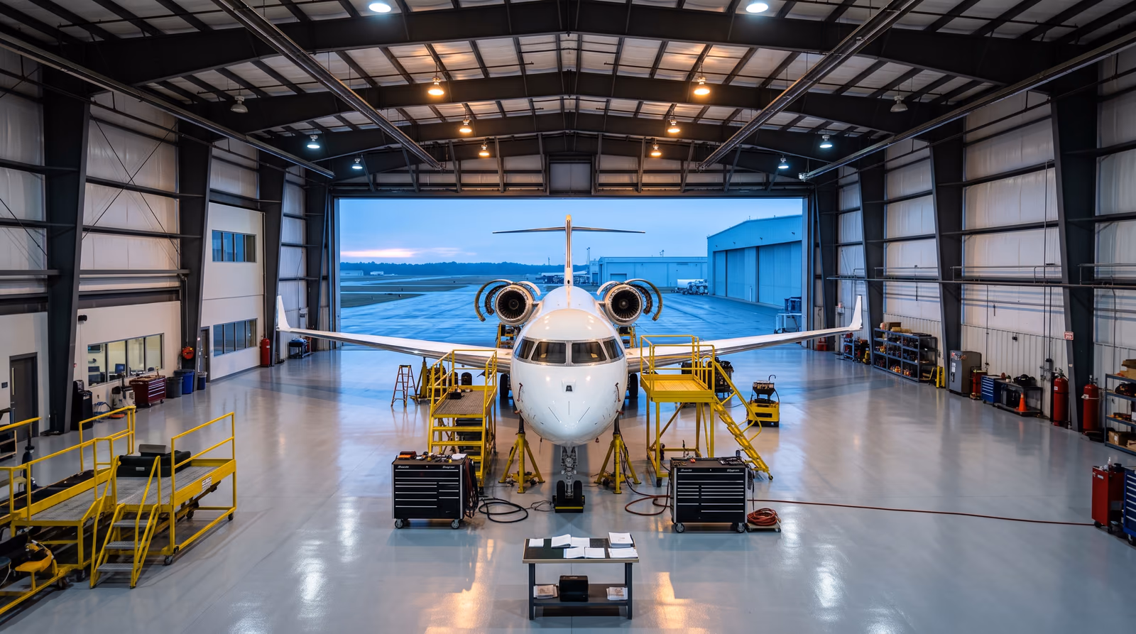 An unmarked white large cabin business jet raised on maintenance jacks inside a service hangar at dawn, engine cowlings open and yellow work stands alongside