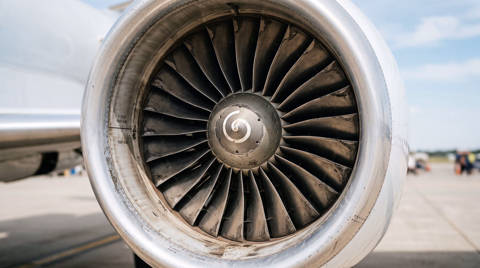 Close-up daylight photograph of the intake of a business jet turbofan engine on an airport ramp, the polished chrome nacelle lip framing rows of titanium fan blades that show fine scuffing, soot staining and dulled tips from years of service, with the white fuselage and apron concrete out of focus behind
