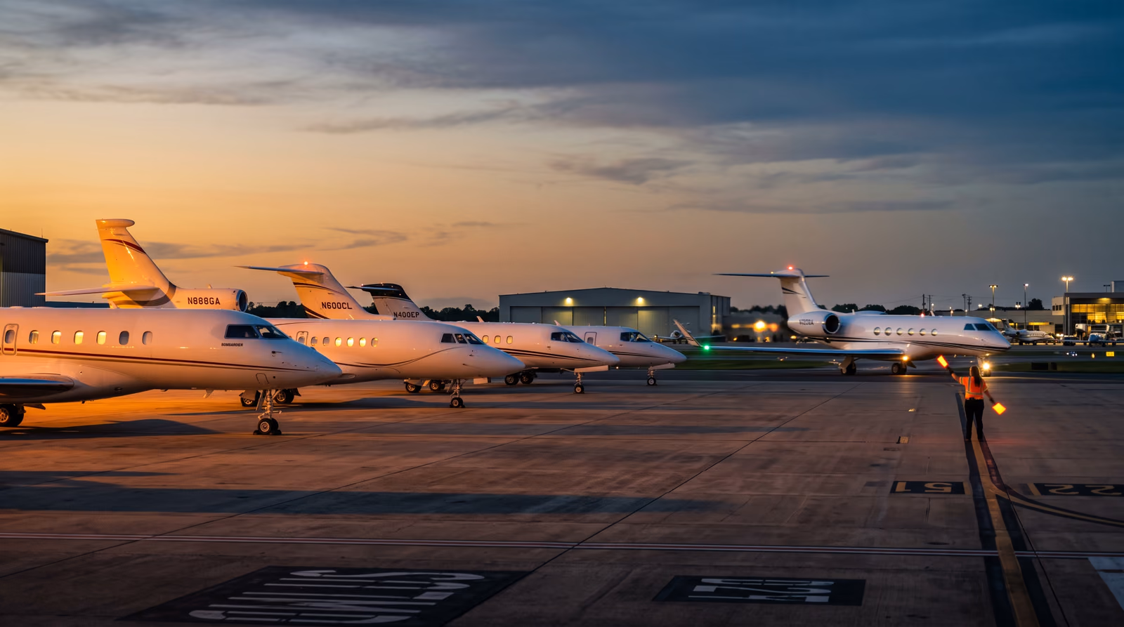 Private jets lined up on a business aviation ramp at dusk as a marshaller guides one in from the taxiway