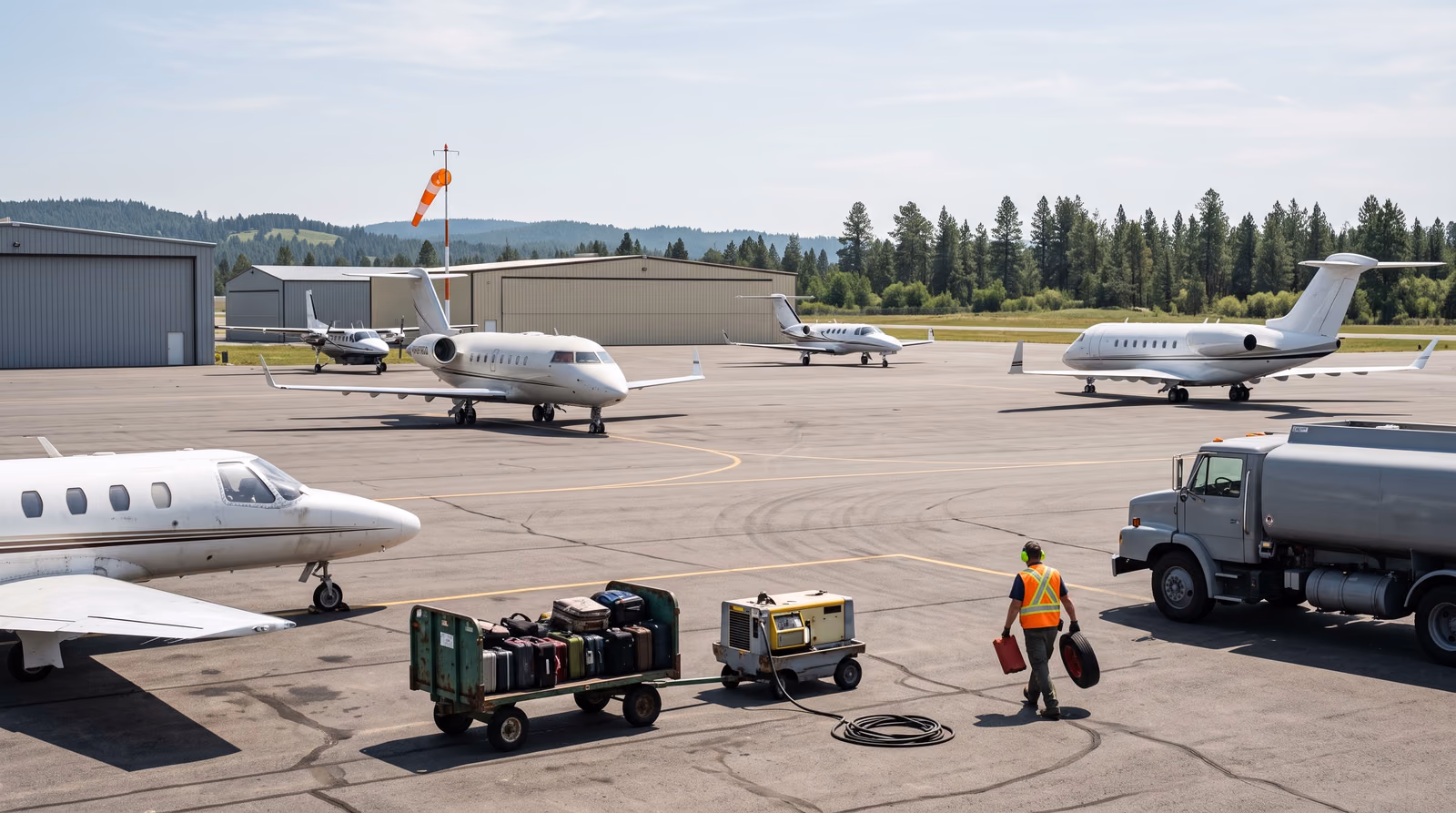 Five business jets of different types, sizes and ages parked at irregular angles on a North American regional airport ramp in bright midday summer light, with a line service technician in a hi vis vest carrying wheel chocks past a baggage cart, a ground power unit and an unmarked fuel truck, hangars, a windsock and pine covered hills behind