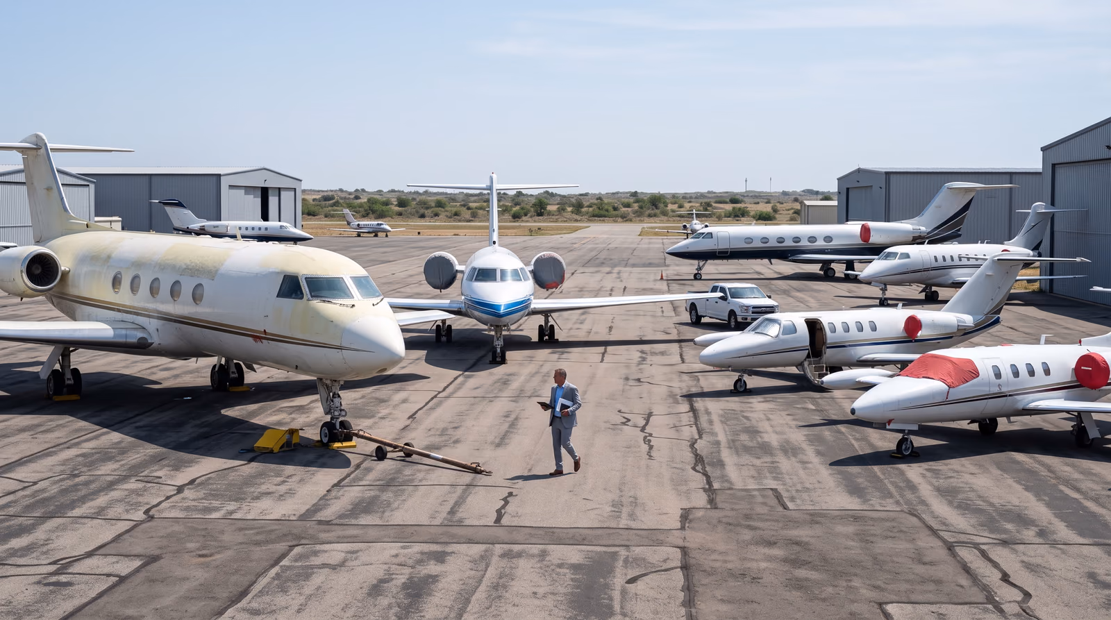 A row of preowned business jets of different types and ages parked on a daylight sales ramp, with a broker in a suit walking past carrying a tablet
