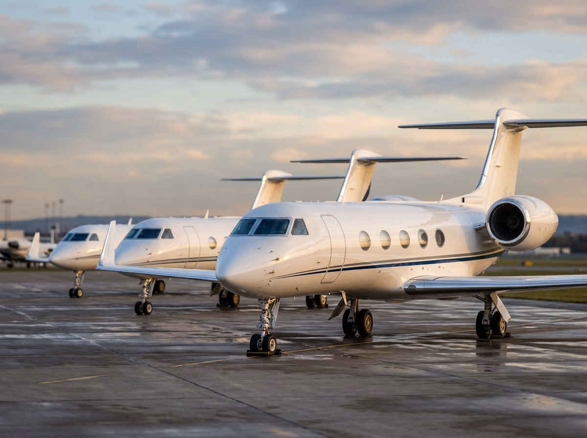 Three new large-cabin business jets parked in a line on a manufacturer's delivery ramp in golden evening light, awaiting handover to customers