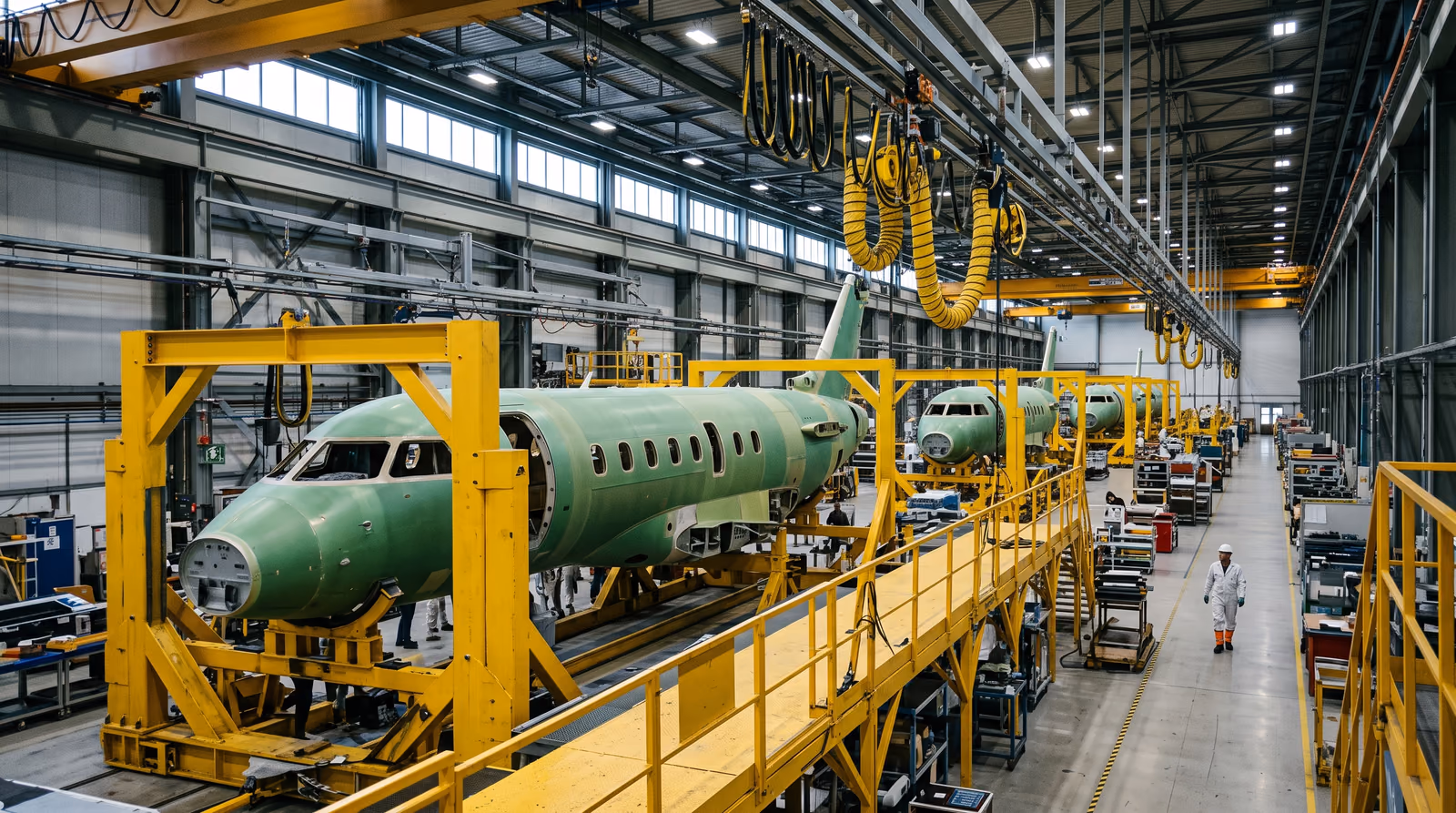 Bare green-primer business jet fuselages held in yellow assembly jigs down a final assembly line.