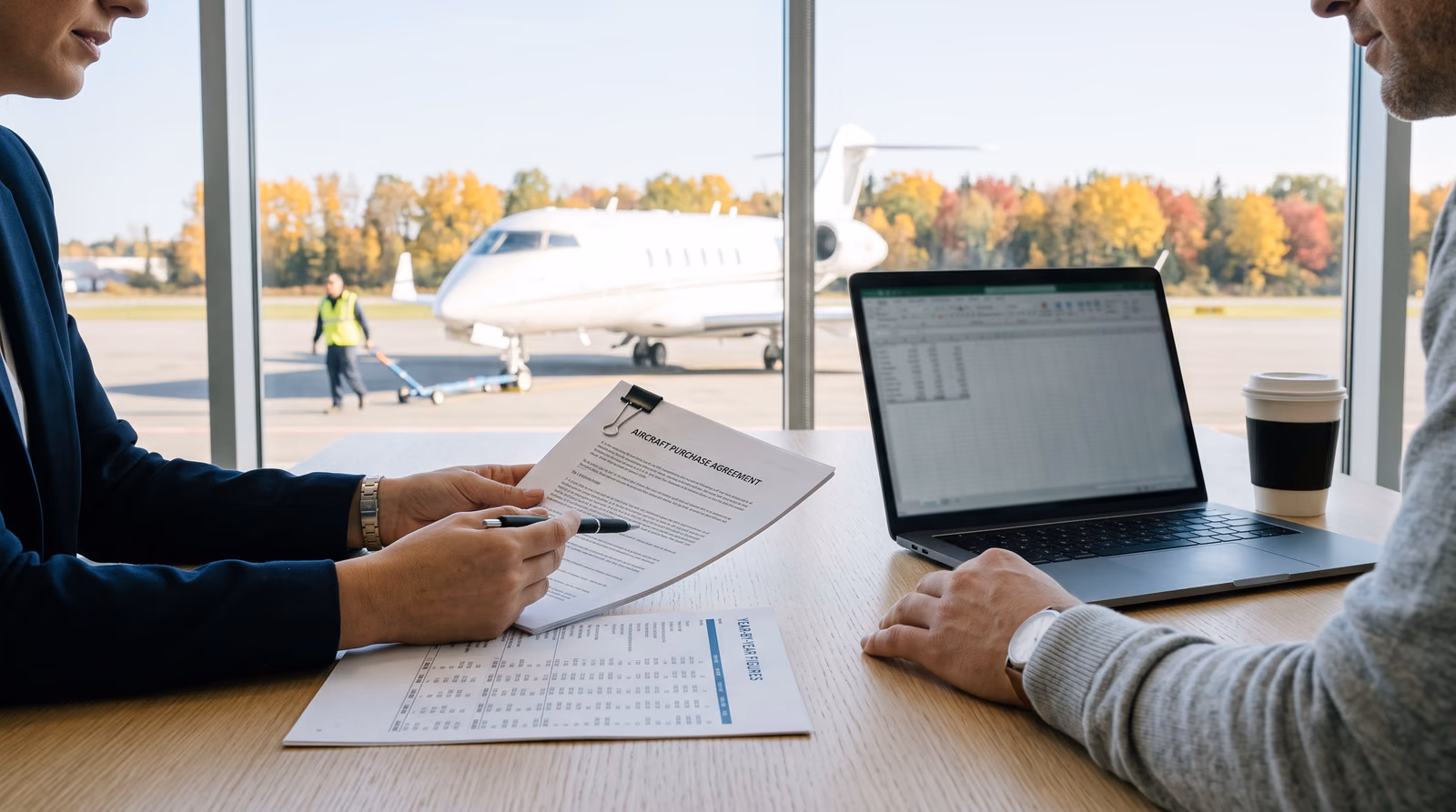 A buyer and an adviser at a bright terminal office table reviewing a printed aircraft purchase agreement and a sheet of year by year figures beside a laptop spreadsheet, with a white business jet and autumn trees on the sunlit ramp outside the window.