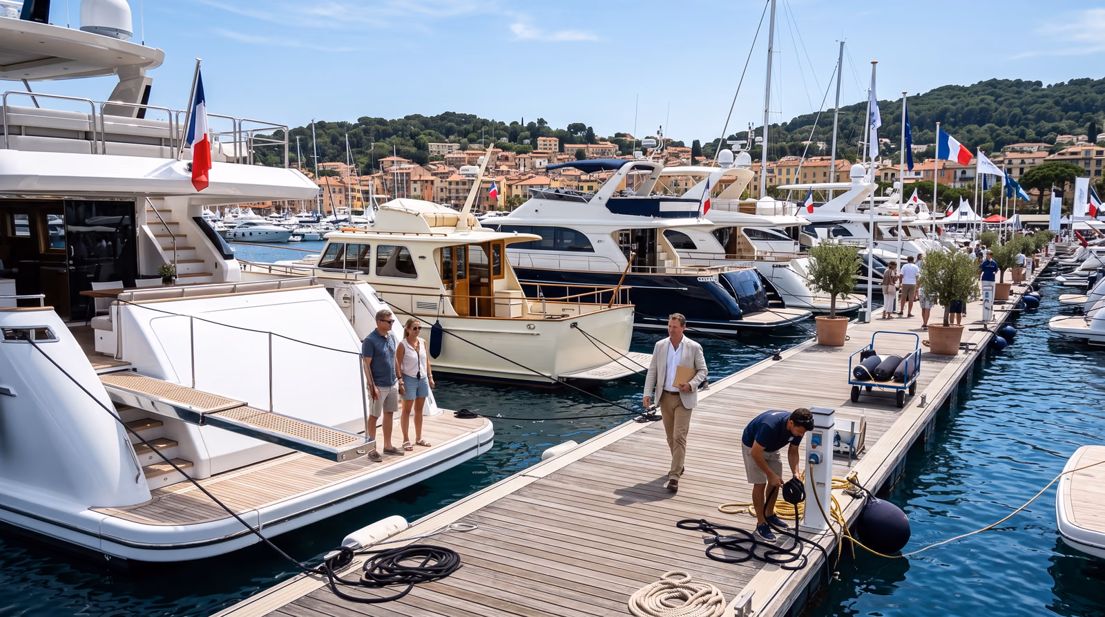 Brokerage yachts of different sizes and ages moored stern to a teak pontoon at a Mediterranean boat show in bright midday sun, a broker in a linen blazer walking the dock with a folder while a deckhand coils a line and a couple stand on a passerelle