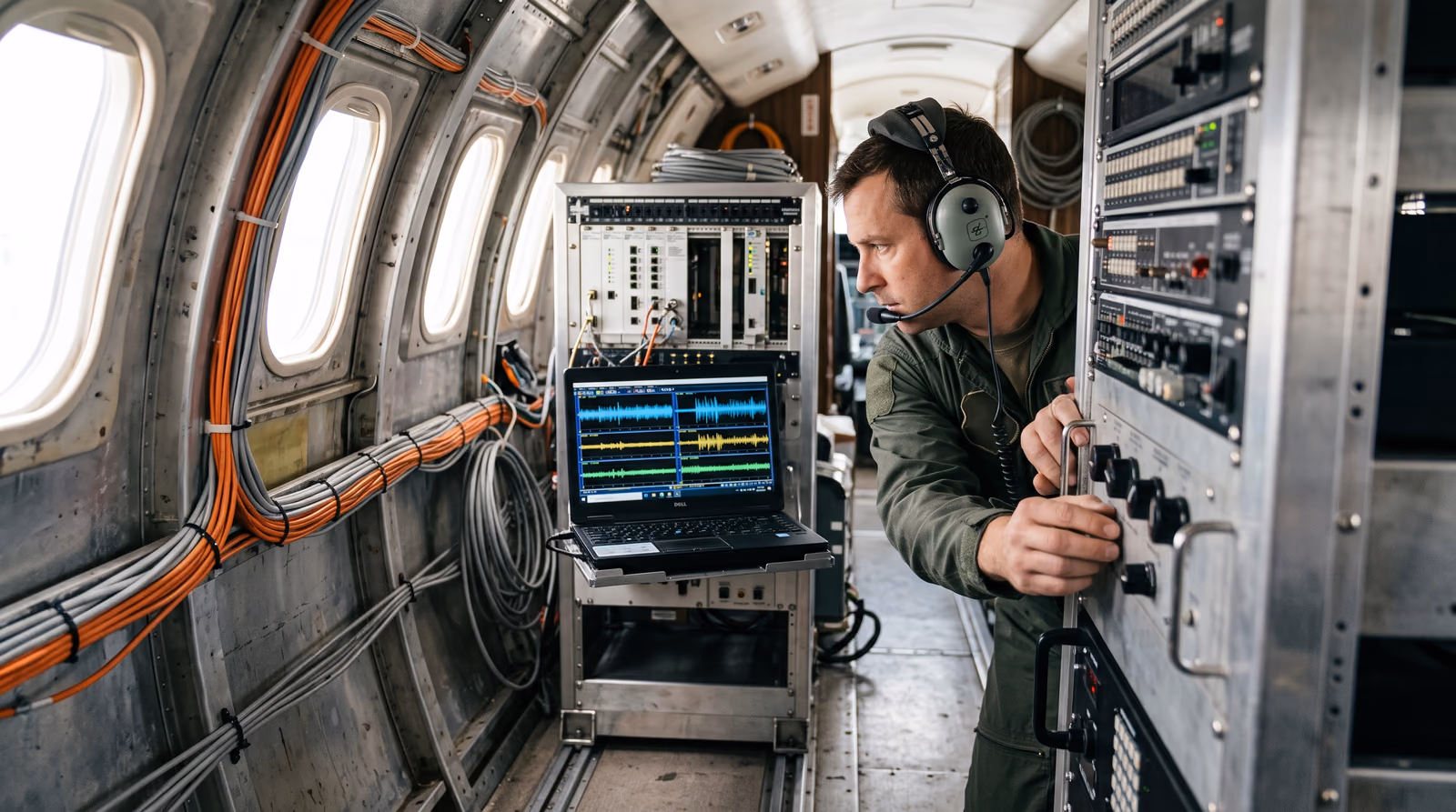 A flight test engineer at an instrumentation rack inside a stripped test aircraft cabin, sensor cables running along bare ribs.