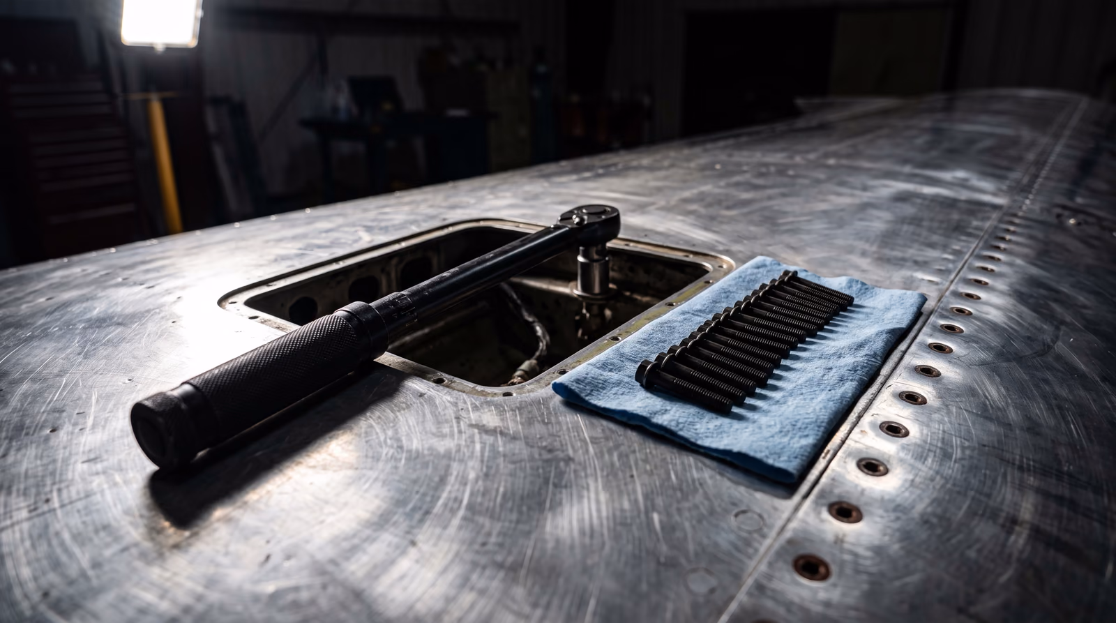 A torque wrench and a row of removed fasteners on a blue shop cloth beside an open inspection panel on an aircraft wing.