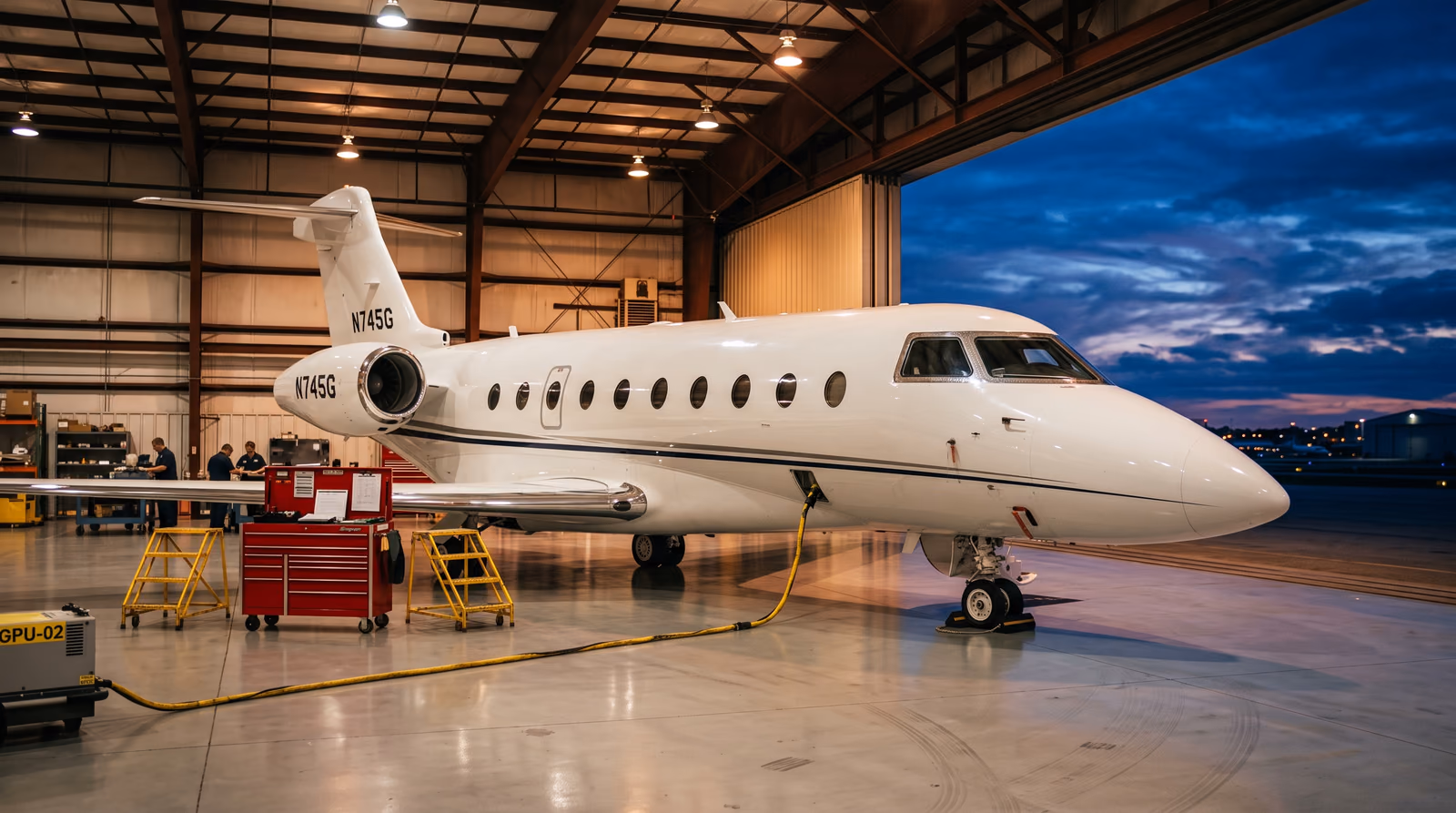 A midsize business jet parked inside a lit hangar at dusk with maintenance equipment alongside it