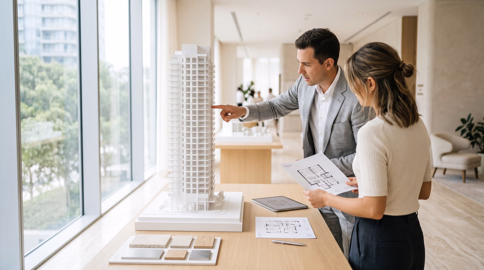 A sales consultant points to an upper floor of a white architectural scale model of a residential tower while a buyer holds a printed floor plan, in a bright, daylit property sales gallery with stone and wood material samples on the table