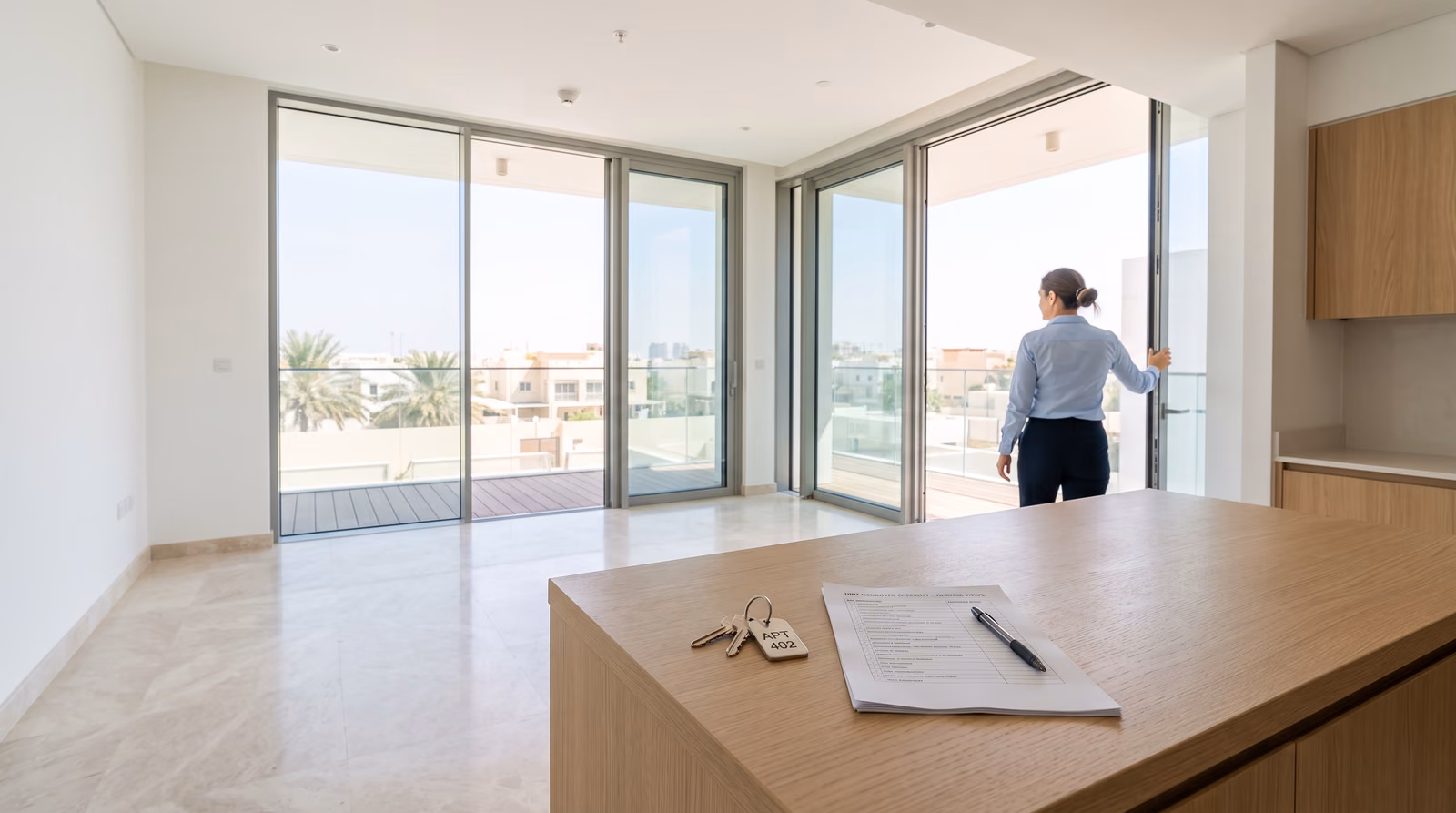 A newly completed, empty apartment in bright daylight, with a set of keys and a printed handover checklist on a light oak kitchen island while an agent opens the balcony door onto a low-rise residential neighbourhood with palm trees