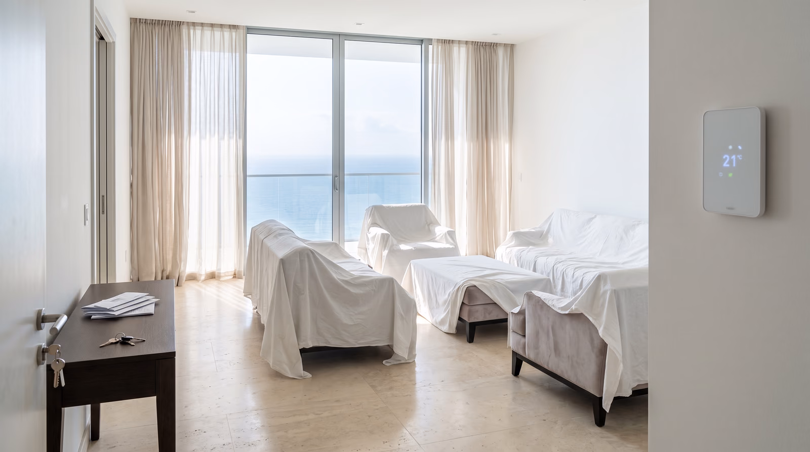 An empty high floor apartment in bright daylight with white dust sheets draped over the sofa, armchairs and a table, sheer curtains at floor to ceiling windows facing the sea, keys and unopened mail on a console by the door and an air conditioning thermostat glowing on the wall