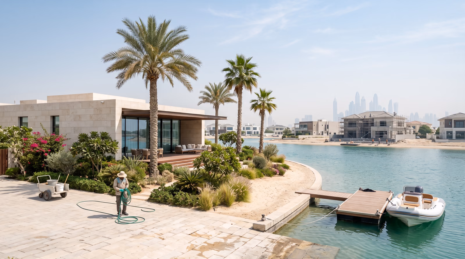 A low rise contemporary waterfront villa on a Dubai island in bright midday sun, with a private mooring, mature palms and the distant city skyline hazy on the horizon.