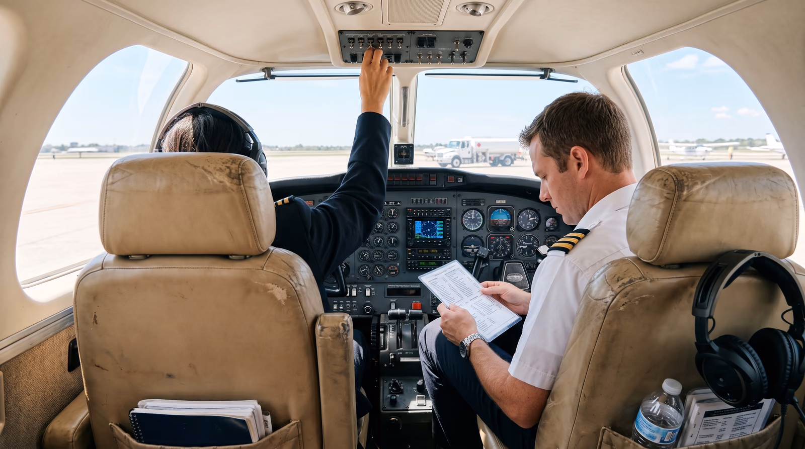 Two pilots in the cockpit of an older Cessna Citation on a sunny ramp, the first officer in the right seat reading a printed checklist while the captain sets the avionics.
