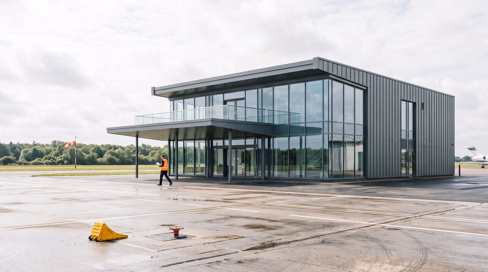 A two storey private aviation terminal of glass and dark grey metal seen from a wet apron in bright overcast daylight, a member of ground staff in an orange hi vis vest walking past the entrance canopy, a windsock and treeline behind and a business jet at the far right