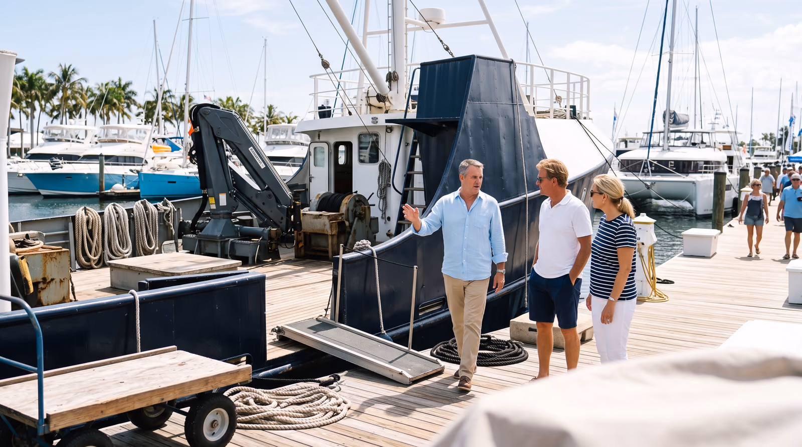 On a sunny marina dock lined with palm trees and yachts of different sizes, a yacht broker in a light blue linen shirt gestures towards a navy-hulled explorer yacht converted from a fishing trawler, with a deck crane and winch, as a couple listens beside him