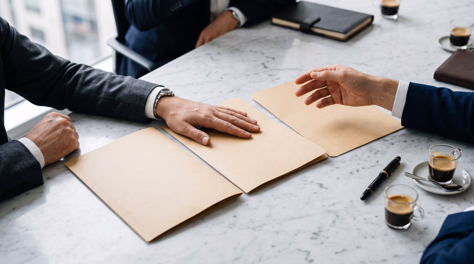 Two people in suits with their hands on document folders across a marble table, espresso cups beside them, no faces shown.