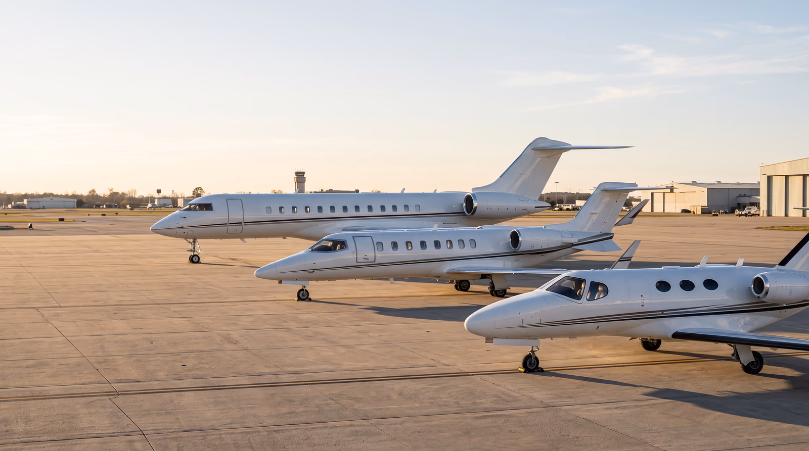 Three business jets of different sizes parked in a row on a sunlit airport apron, a light jet, a midsize jet and a large cabin jet
