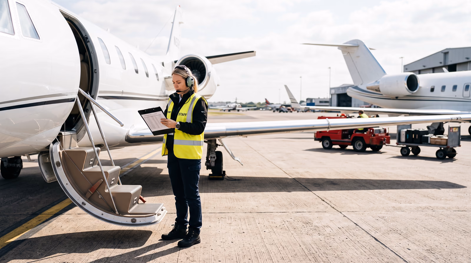A ground handler in a yellow hi-vis vest and headset checks a printed passenger list on a clipboard beside the lowered airstair of a white business jet on a sunlit apron, with a second, larger jet, a red tug and a baggage cart behind her