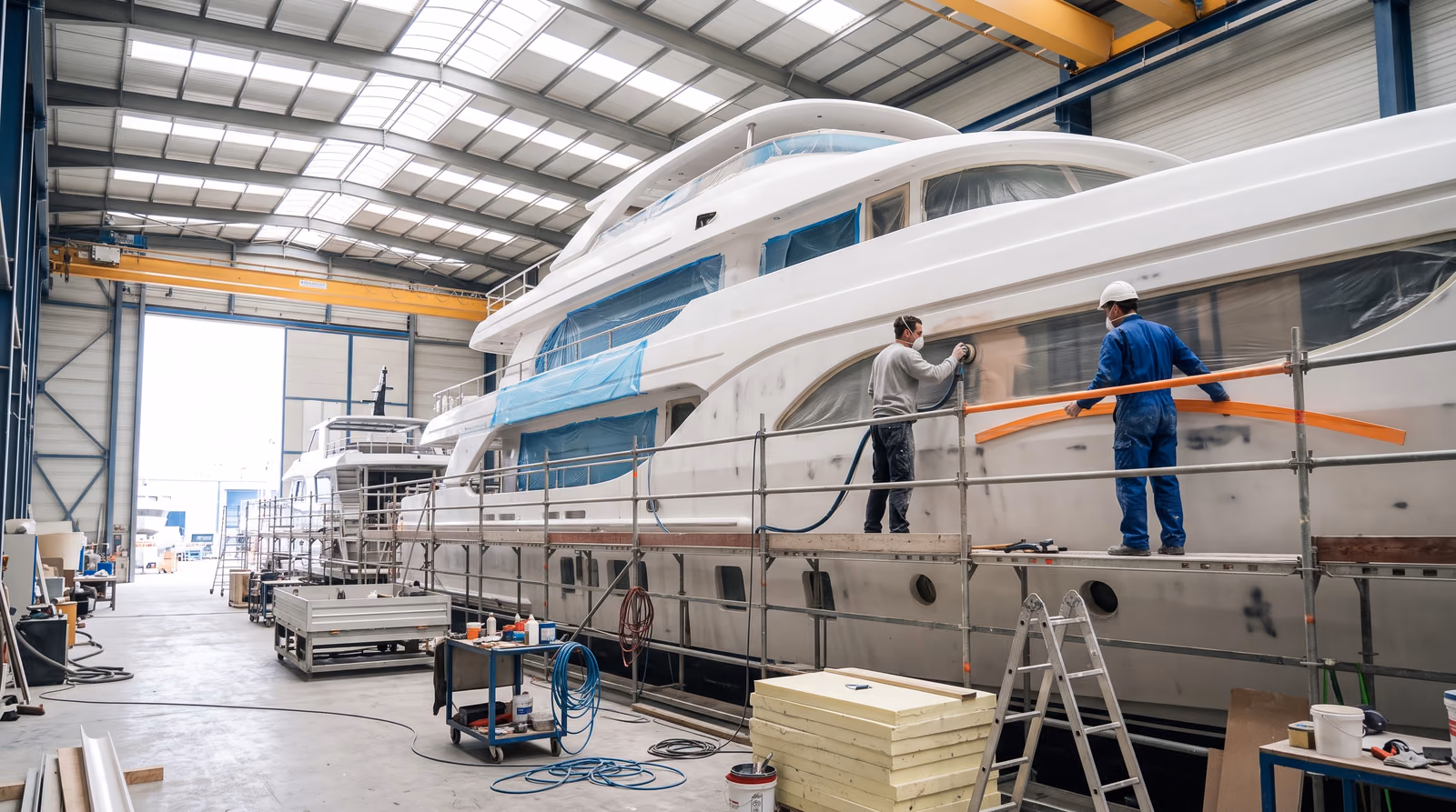 Boatbuilders on scaffolding sand and fair the white composite superstructure of a large motor yacht under construction inside a bright, sunlit build shed, partly wrapped in blue protective film, with a parts cart, hoses and foam panels on the floor