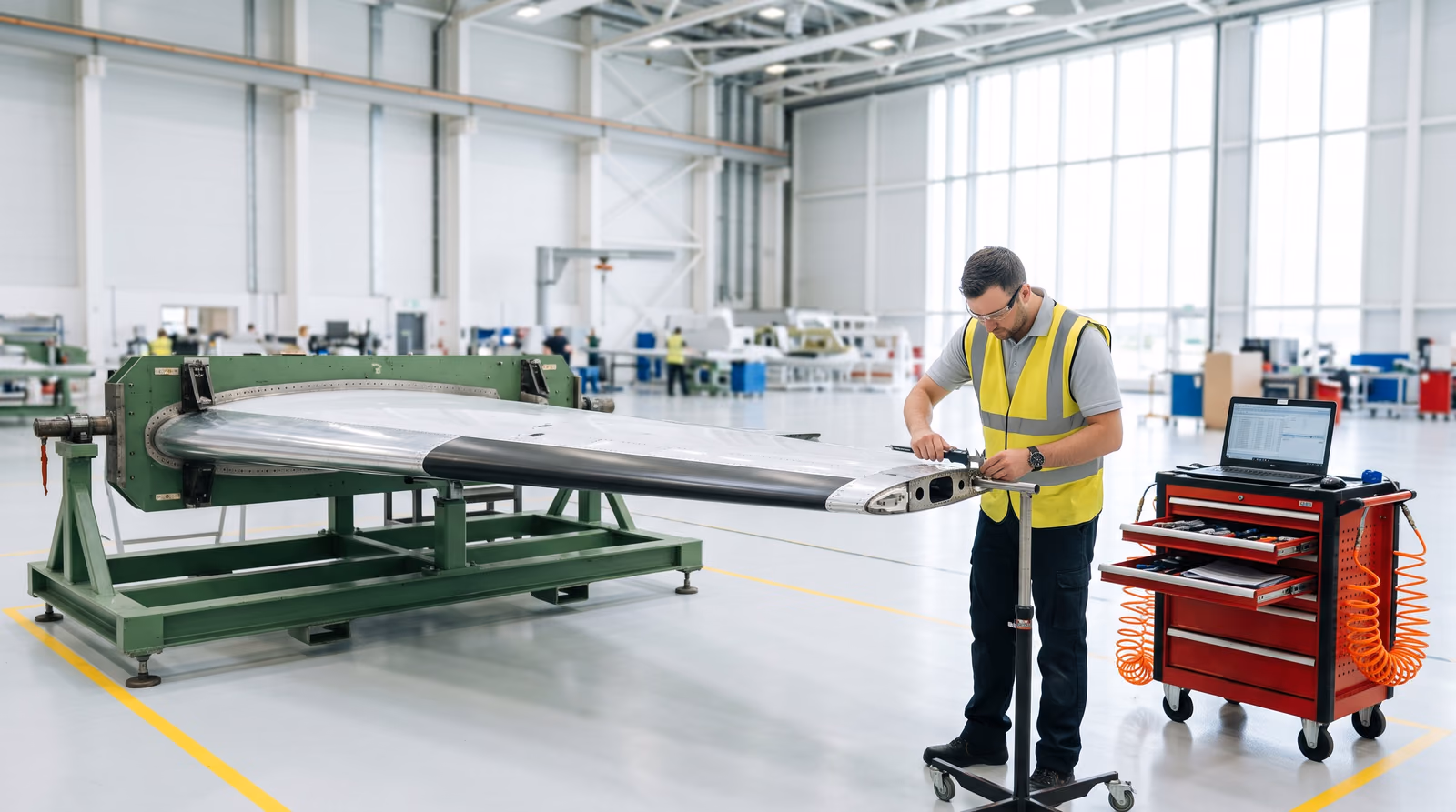 A completed light jet wing assembly resting in a green steel production jig on a bright aircraft factory floor, with an engineer in a high visibility vest measuring along the trailing edge