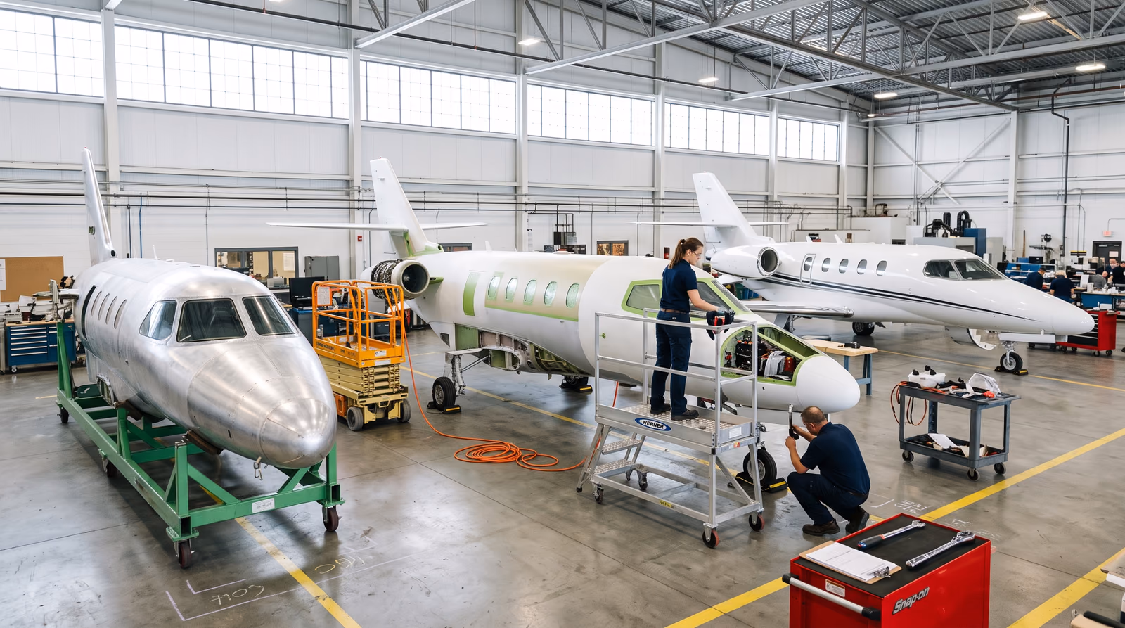 Three light business jet airframes at different stages of build in a bright daylit assembly hall, a technician on a rolling work platform at an open avionics bay and another crouched beside a red toolbox