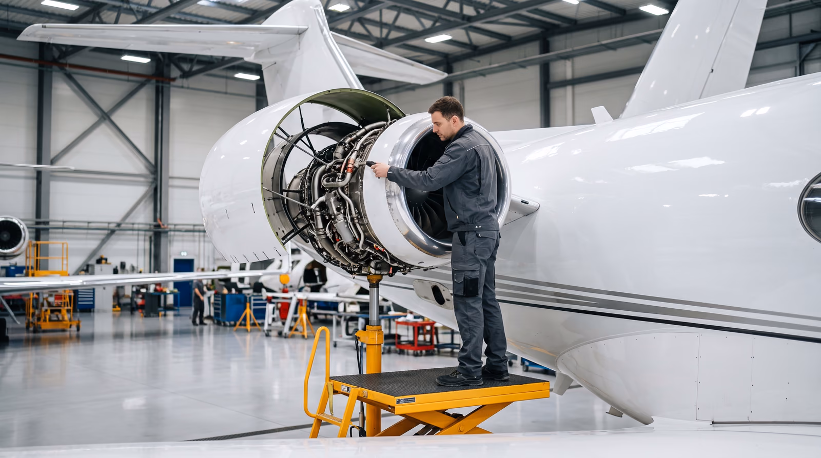 A technician inspecting the open engine cowling of a large cabin business jet inside a maintenance hangar