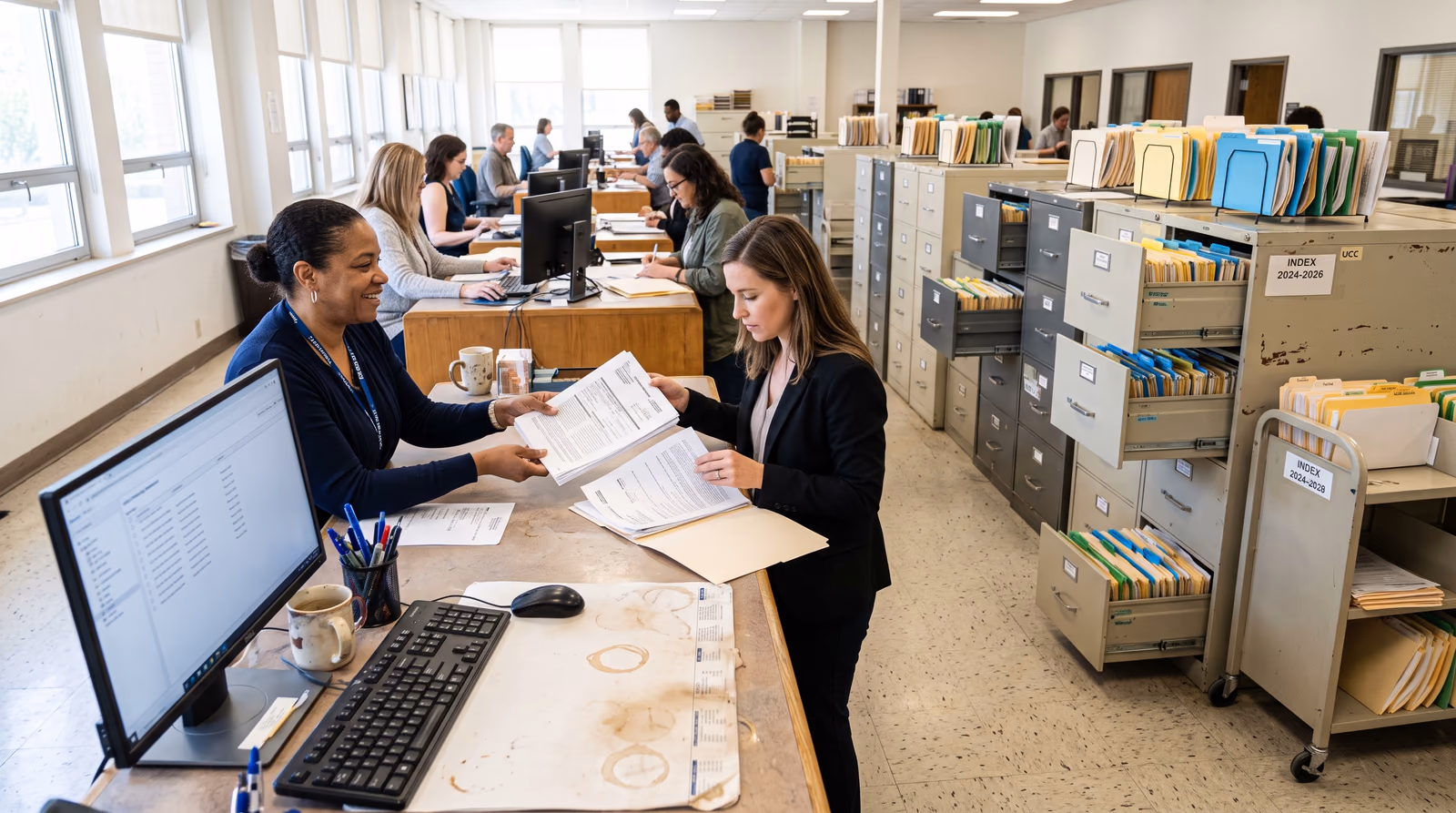 A clerk hands a thick stapled financing statement across the counter of a state business filings office, with rows of open index drawers and manila folders behind her in bright daylight.