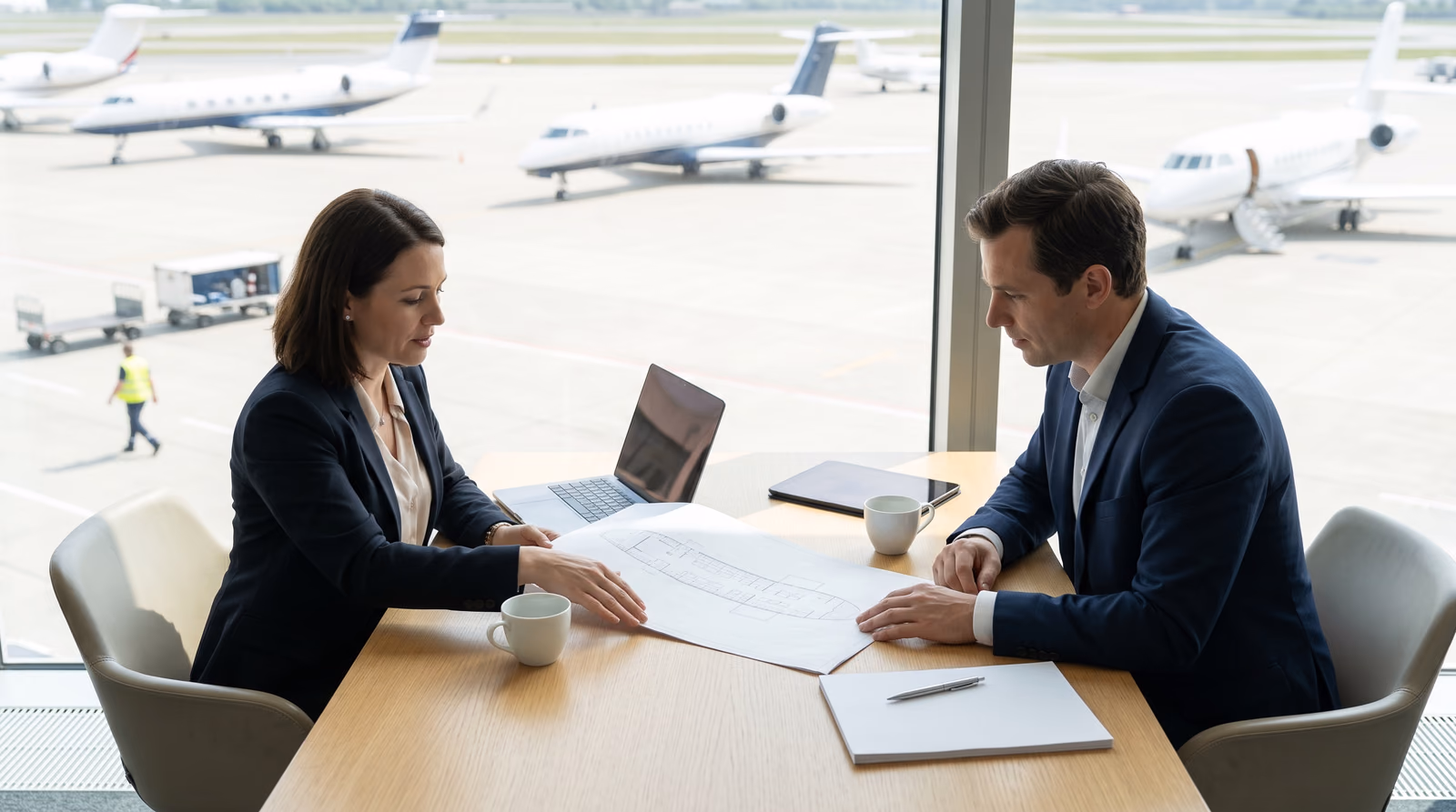 Two aircraft finance professionals in dark suits seated across a pale wood meeting table beside a floor to ceiling window in a daylit airport lounge, both studying a large technical line drawing of a private jet cabin floorplan spread between them, with a laptop, a tablet, two plain white coffee cups and a notepad on the table, and business jets of different sizes parked at irregular angles on the apron outside.