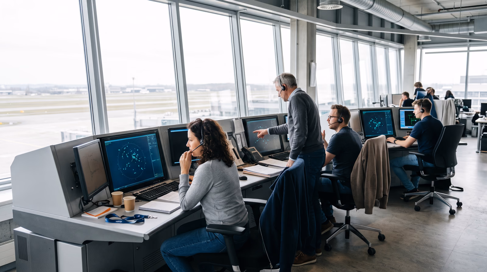 Air traffic controllers wearing headsets at curved consoles in a bright operations room, daylight from full height windows with an airfield visible outside