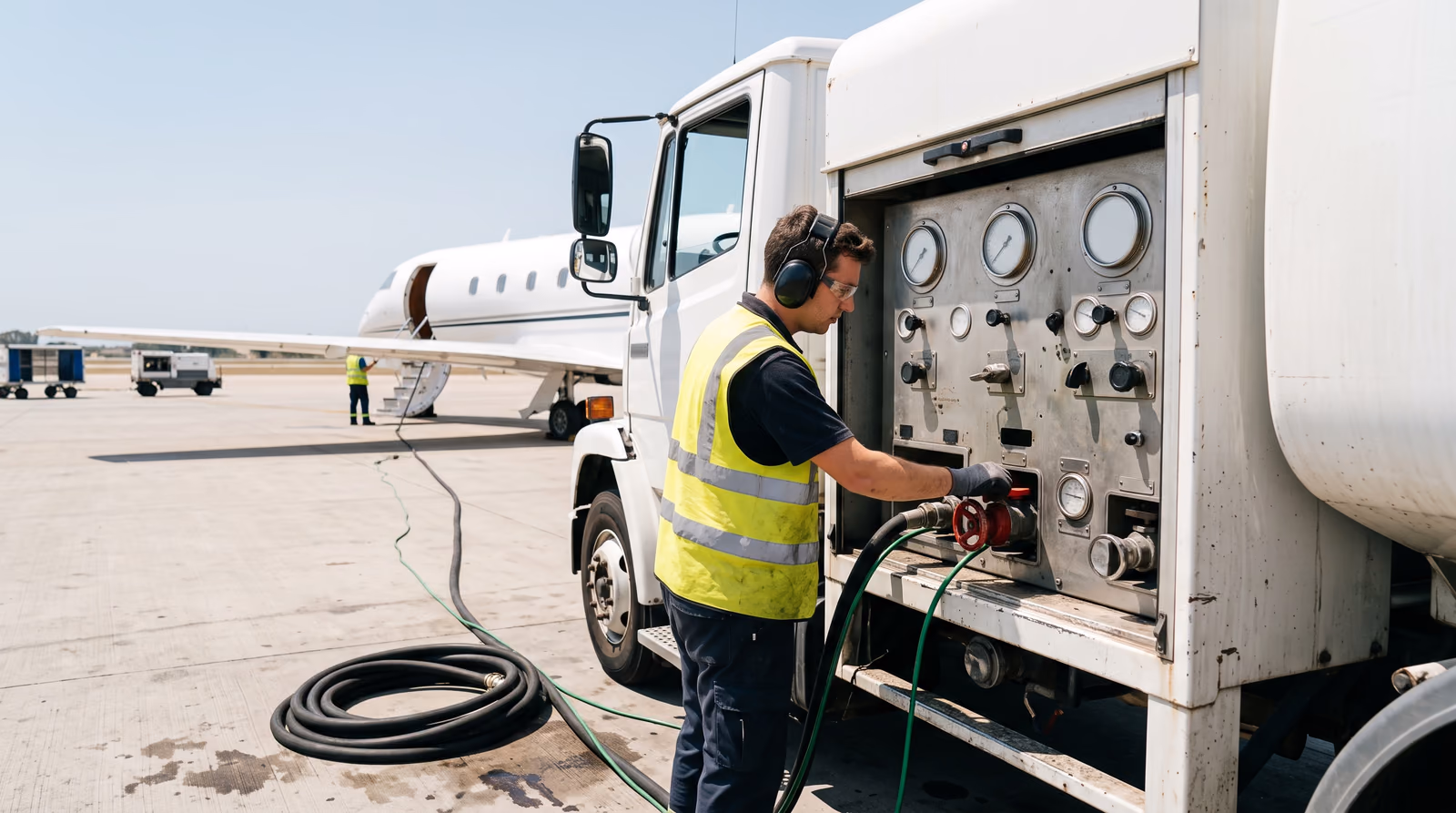 A refueller in a high visibility vest and ear defenders stands in bright daylight at the gauge and valve panel of an unbranded white aviation refuelling truck on an airport ramp, one gloved hand on a red valve handle, with fuel hoses coiled on the concrete and a white business jet parked behind.