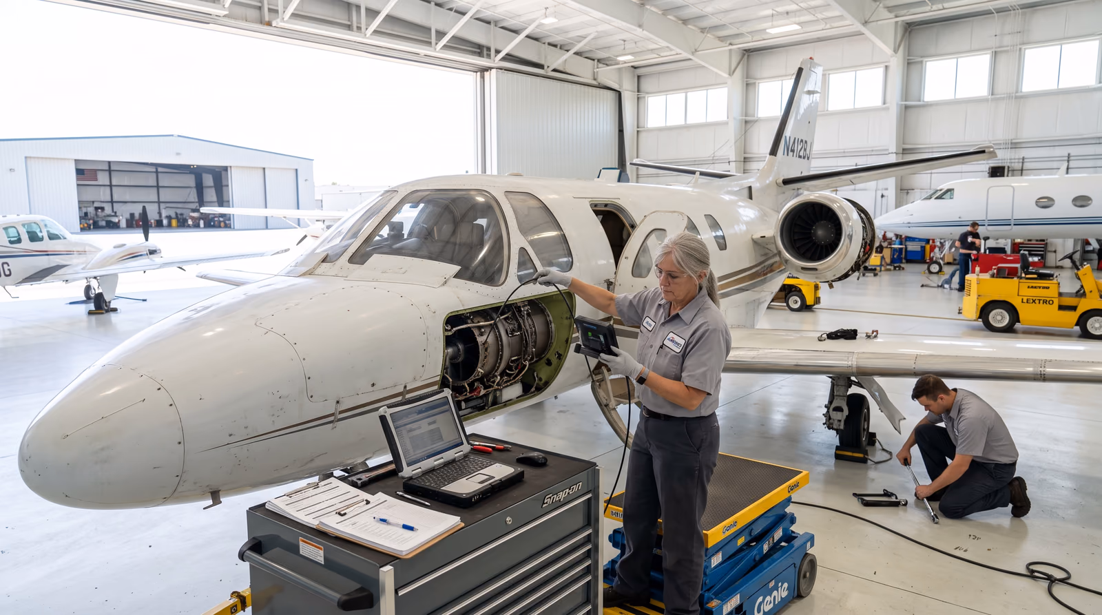 A maintenance engineer standing on a yellow scissor platform inspects an open access bay on the forward fuselage of an older light business jet inside a bright daylit hangar, with a laptop and printed inspection sheets on a rolling toolbox cart alongside, a second engineer kneeling with a torque wrench beside the wing, and other aircraft of different sizes parked at irregular angles behind them.