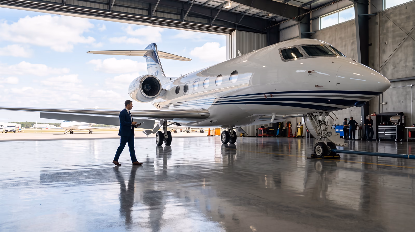 A large-cabin business jet parked in a modern hangar while a broker in a suit inspects it, daylight flooding through the open doors