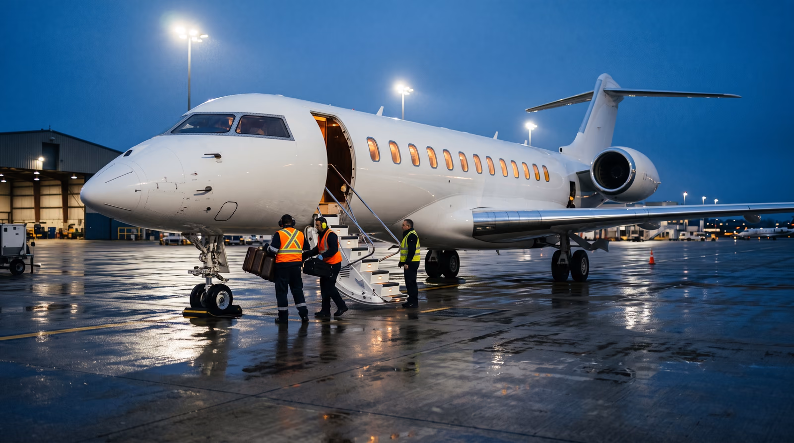 A large cabin business jet parked on a wet floodlit apron at blue hour, airstairs lowered with warm cabin light in the windows, while ground crew in high visibility vests carry luggage aboard