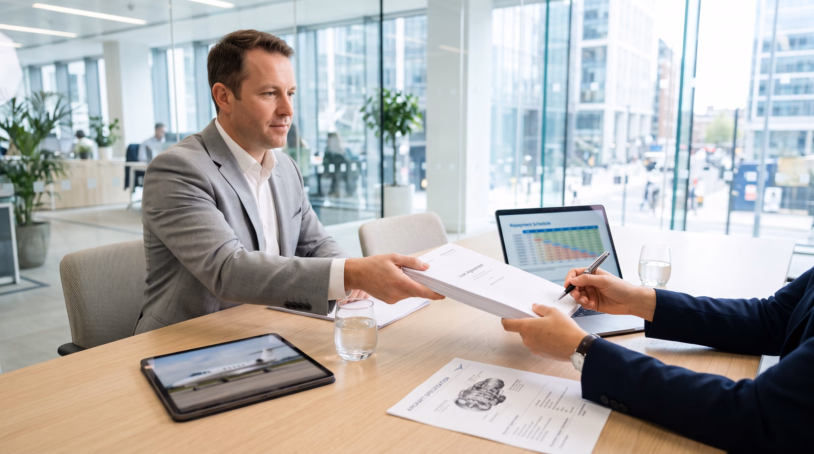 A lender in a light grey suit hands a bound loan agreement across a pale oak table to a buyer holding a pen, with a repayment schedule on a laptop, a business jet photo on a tablet and an aircraft specification sheet, in a bright glass-walled office