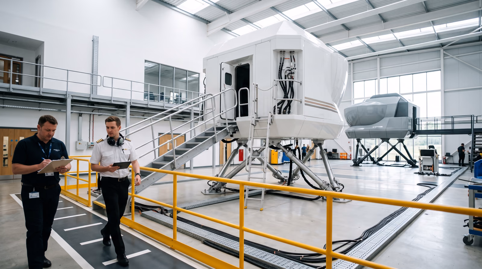 A pilot in a white uniform shirt and an instructor holding a clipboard walk past a white full-motion business jet flight simulator on hydraulic legs in a bright, skylit training hall, with a second simulator behind