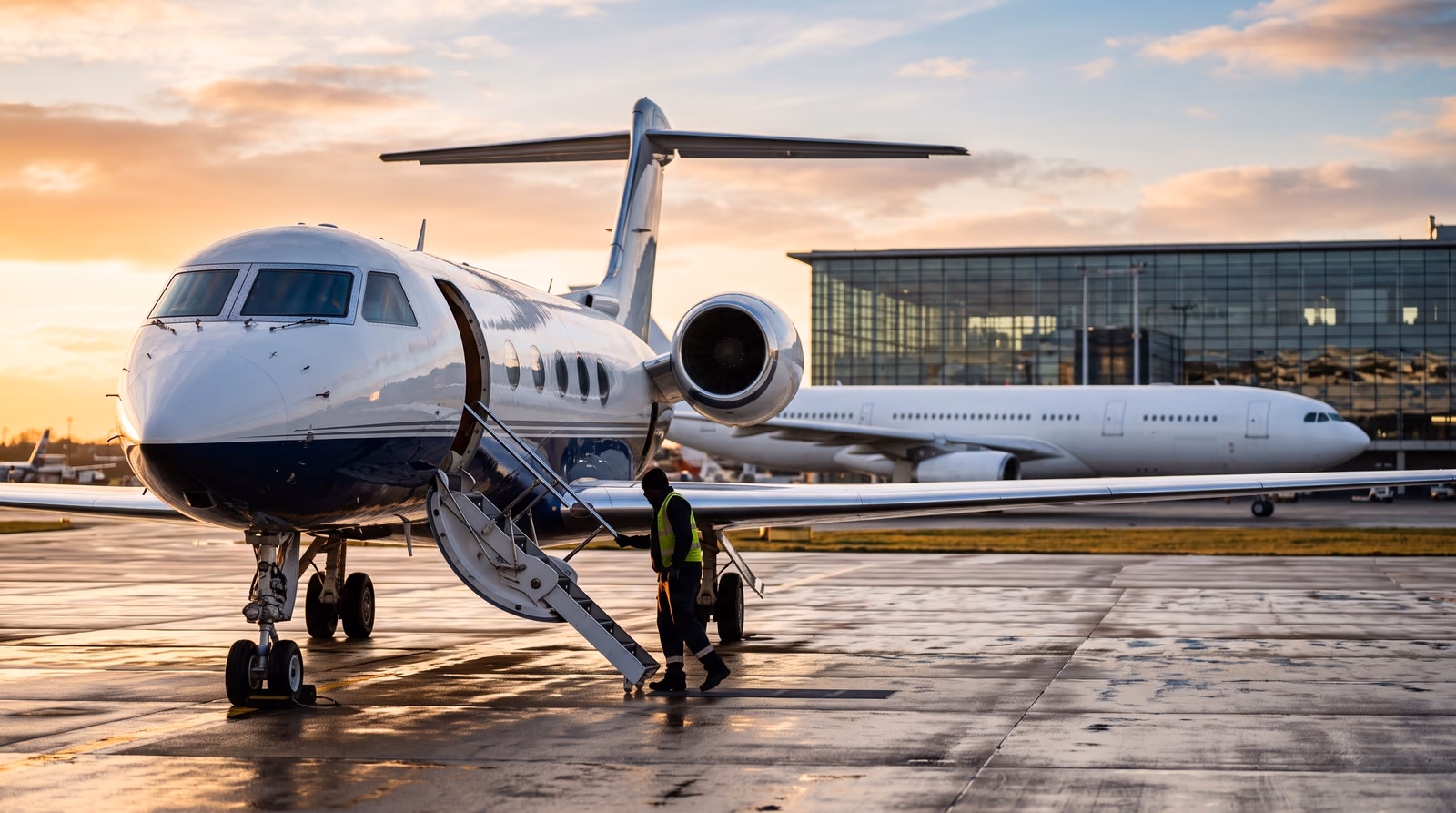 A business jet parked on a wet apron at sunset with its airstair down and a ground crew member beside it, a widebody airliner and glass terminal behind