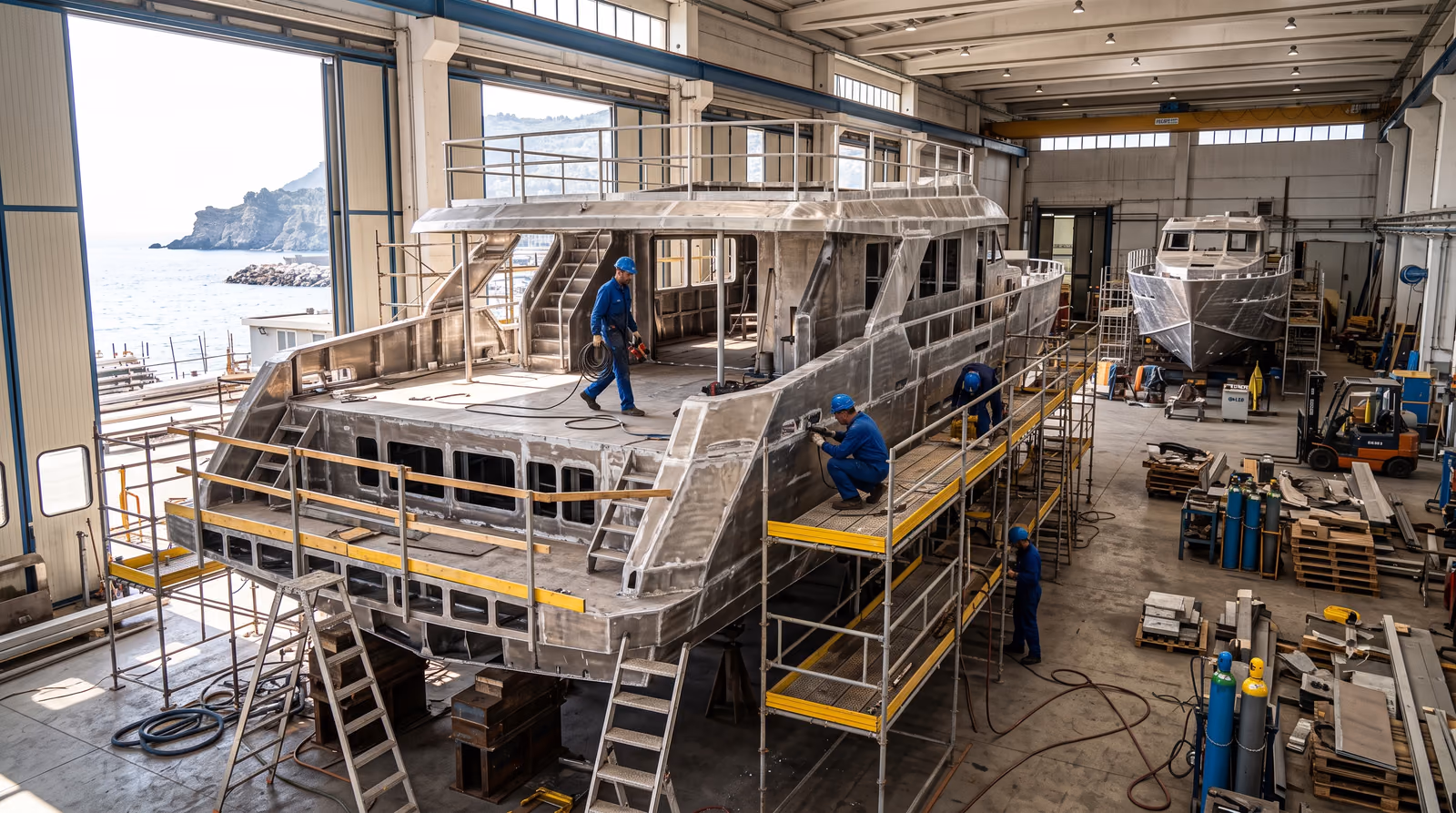 Interior of an Italian yacht construction hall in bright daylight, a bare aluminium superyacht hull under build on blocks surrounded by scaffolding, fabricators in blue overalls working at different heights, and a second smaller hull at an earlier stage further down the shed
