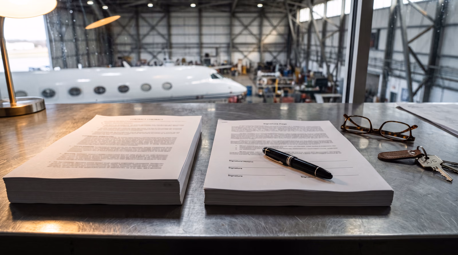 Two unbranded aircraft management contracts side by side on a desk with a pen resting between them, hangar light falling across the pages
