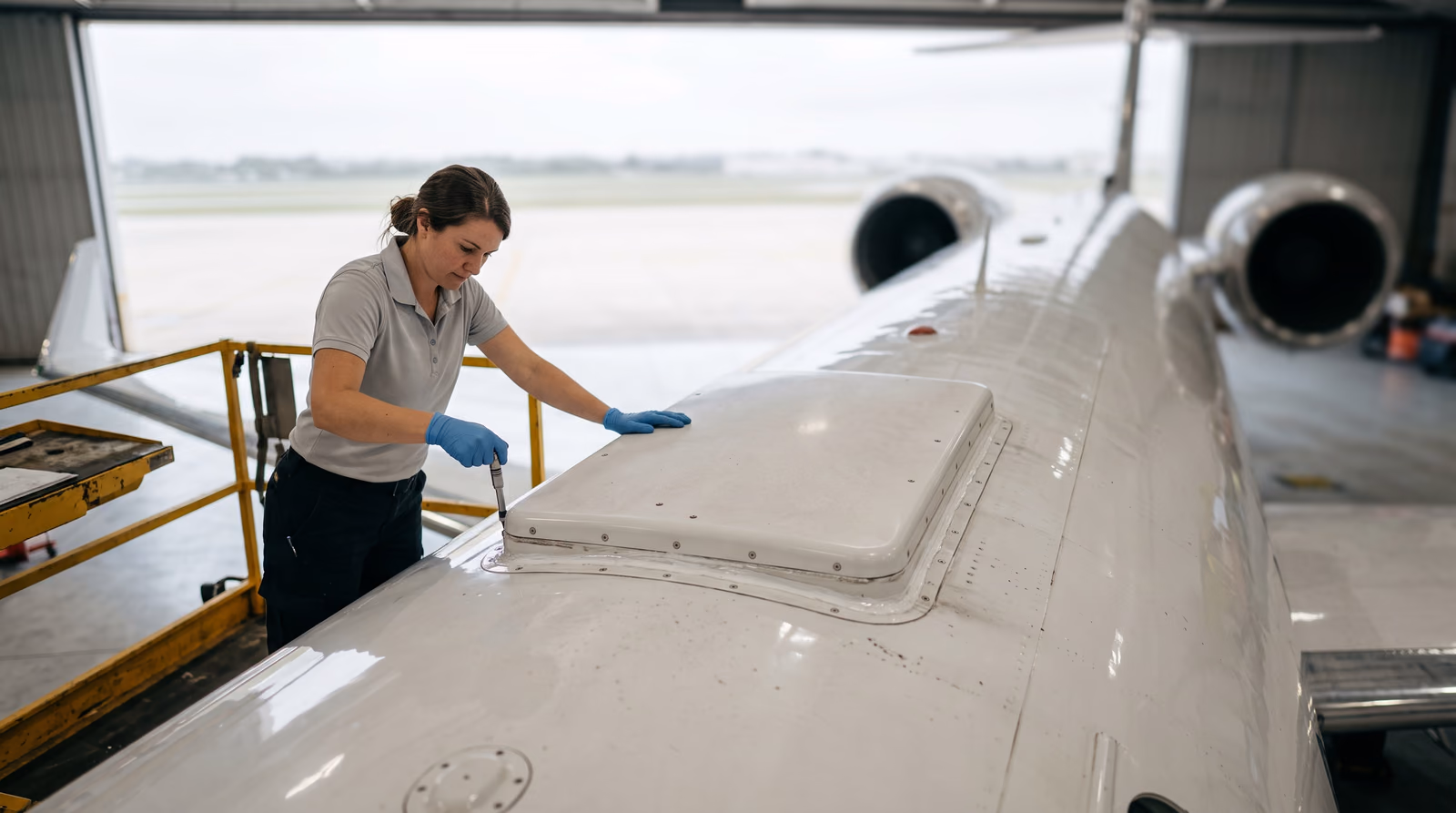A maintenance technician in blue gloves standing on a yellow platform in a bright open hangar, checking a fastener on the low profile satellite communications antenna fairing mounted on the crown of a white business jet fuselage, with the apron and pale daylight sky visible through the open hangar door