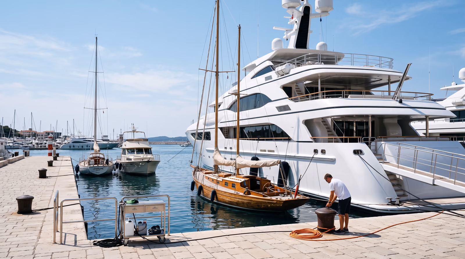 A large white superyacht moored alongside a marina quay in bright daylight, with a much smaller older wooden sailing yacht berthed beside it and a crew member standing on the quay for scale