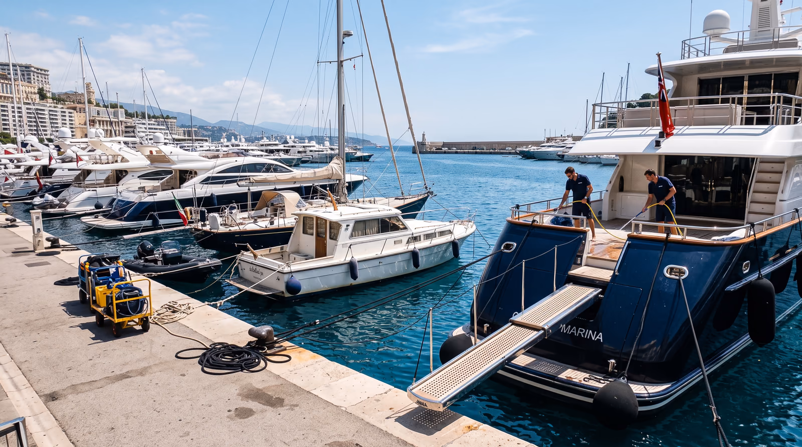 Crew washing down a navy hulled motor yacht in a sunlit Mediterranean marina, with older cruisers and a sailing yacht berthed alongside