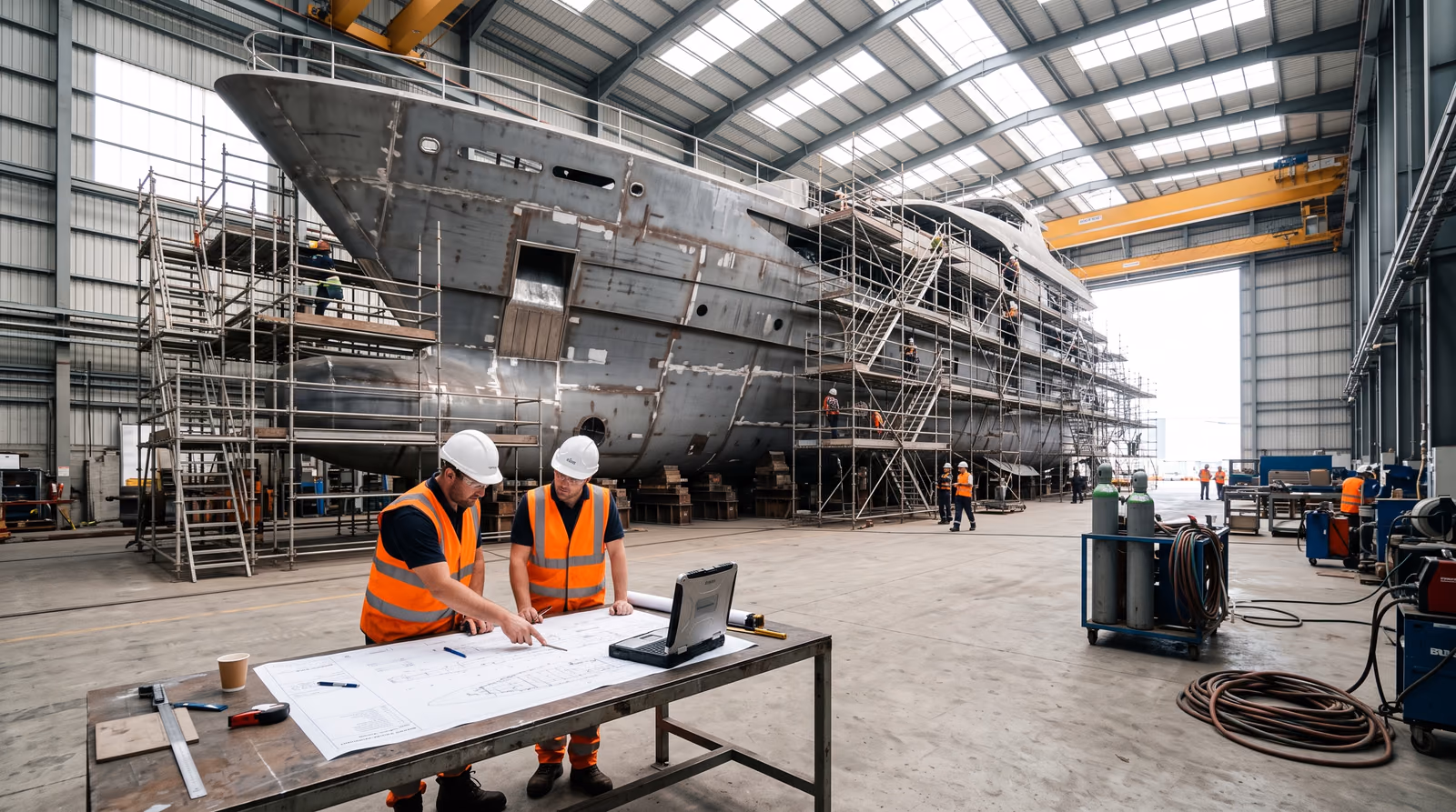 Two shipyard workers in orange hi-vis vests and white hard hats study a printed yacht drawing on a steel table inside a bright construction hall, with the unpainted grey steel hull of a large superyacht surrounded by scaffolding behind them